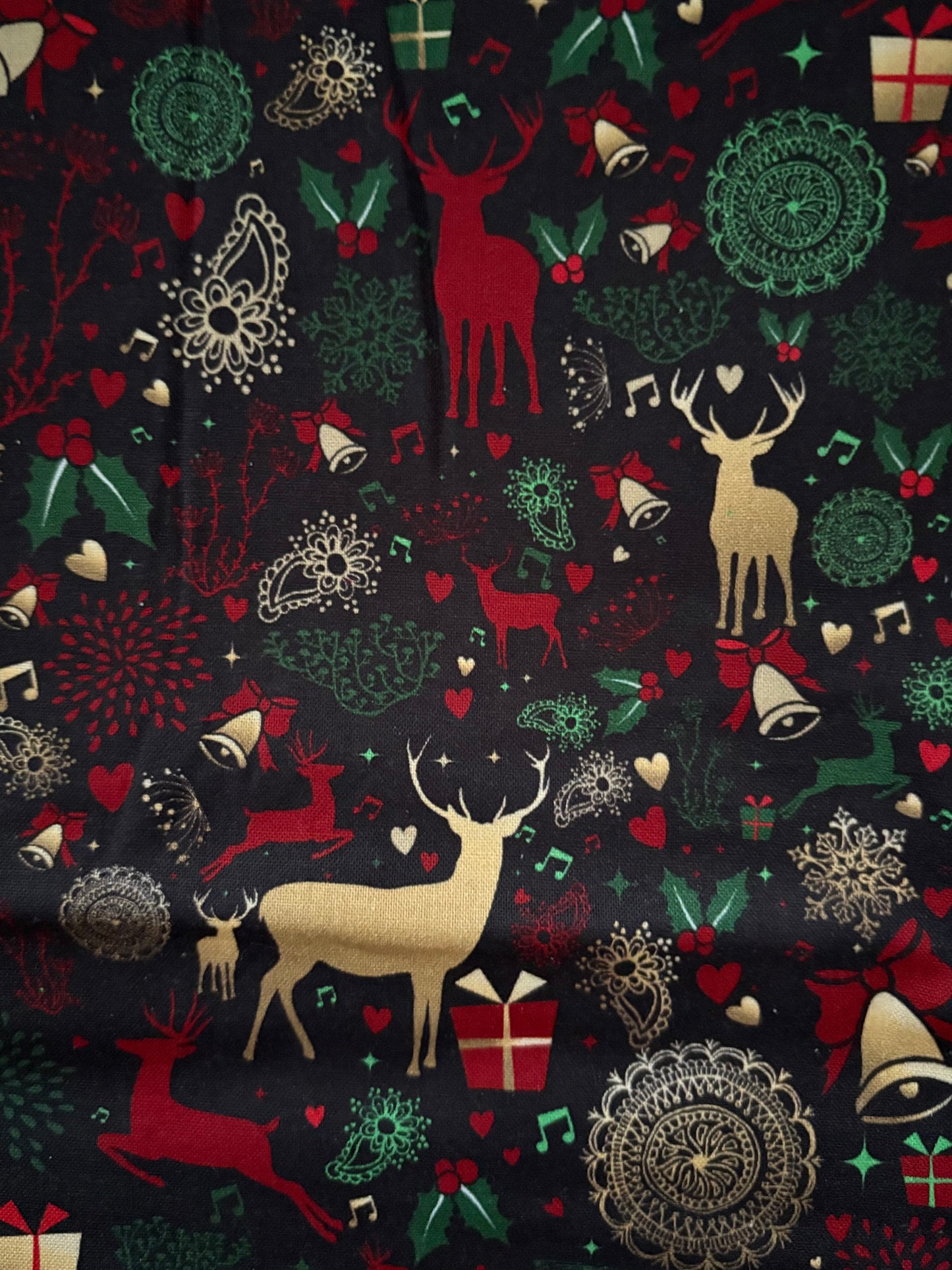 Metallic Gold Deer Christmas on Black, Designer Cotton, Quilting Fabric, Sold by YARD