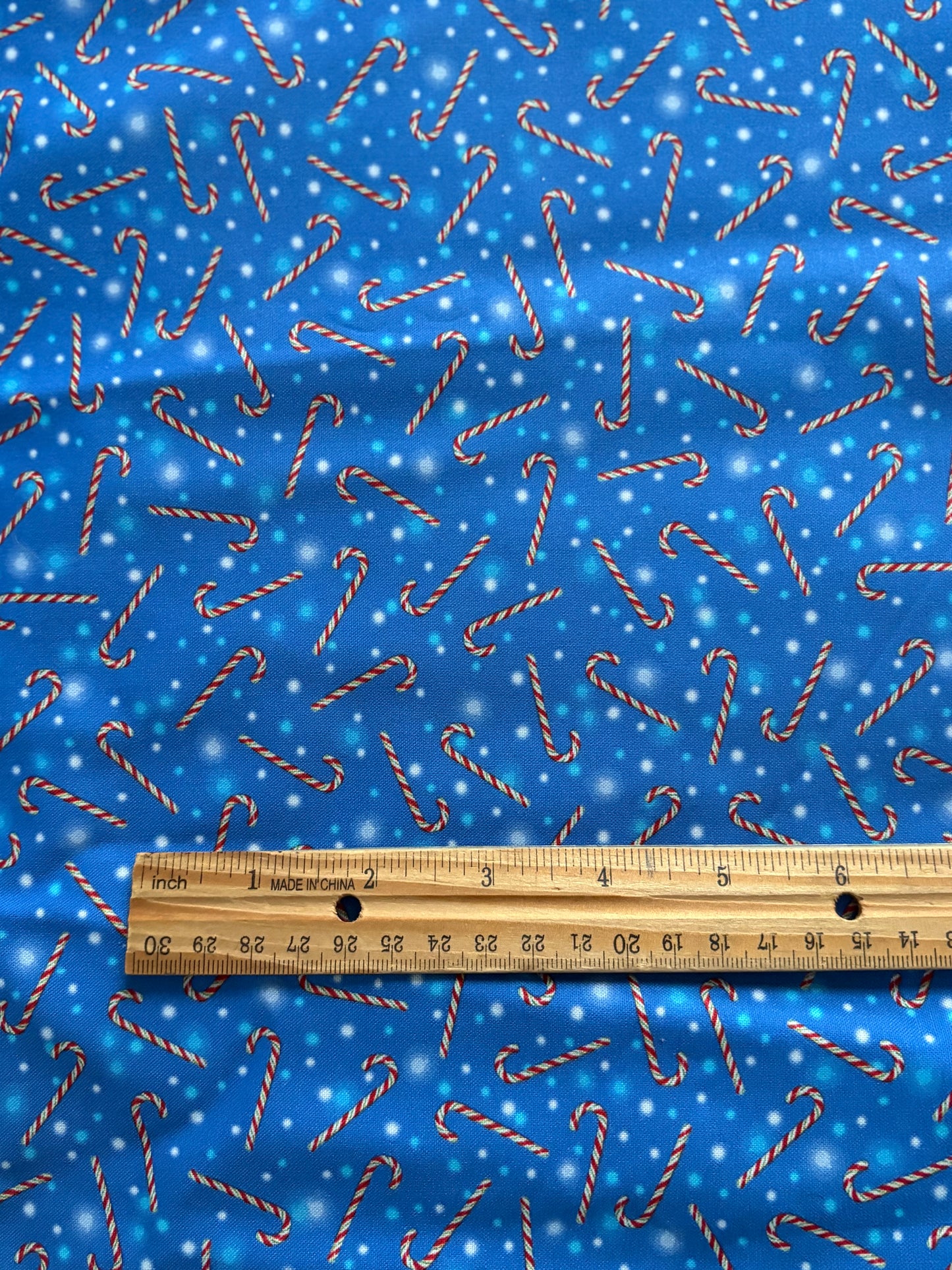 QT Fabrics Candy Canes on Blue by Liza Bea, Designer Cotton, Quilting Fabric, Sold by YARD