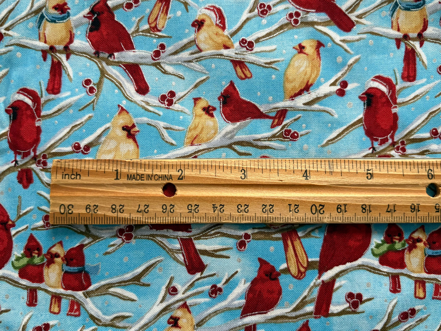 Fabri-Quilt Season’s Greetings Winter Christmas Cardinals on Branches, Designer Cotton, Quilting Fabric, Sold by YARD
