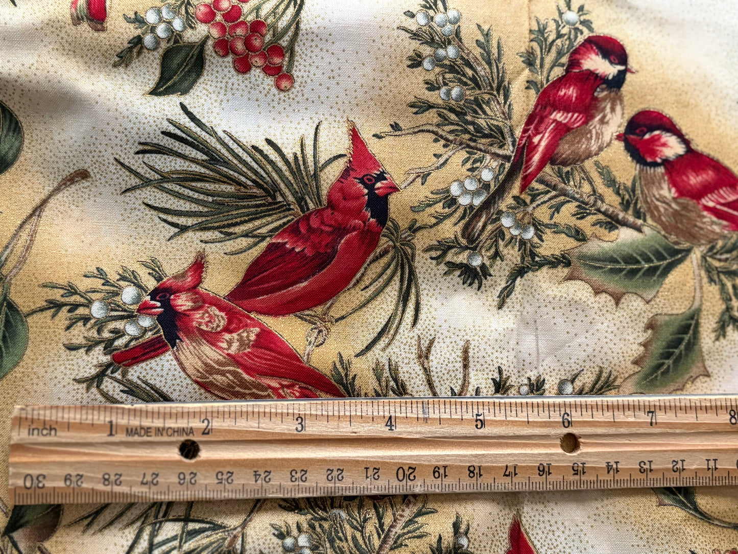 Hoffman Winter Magic Cardinals and Holly Berries, Metallic Gold, Designer Cotton, Quilting Fabric, Sold by YARD