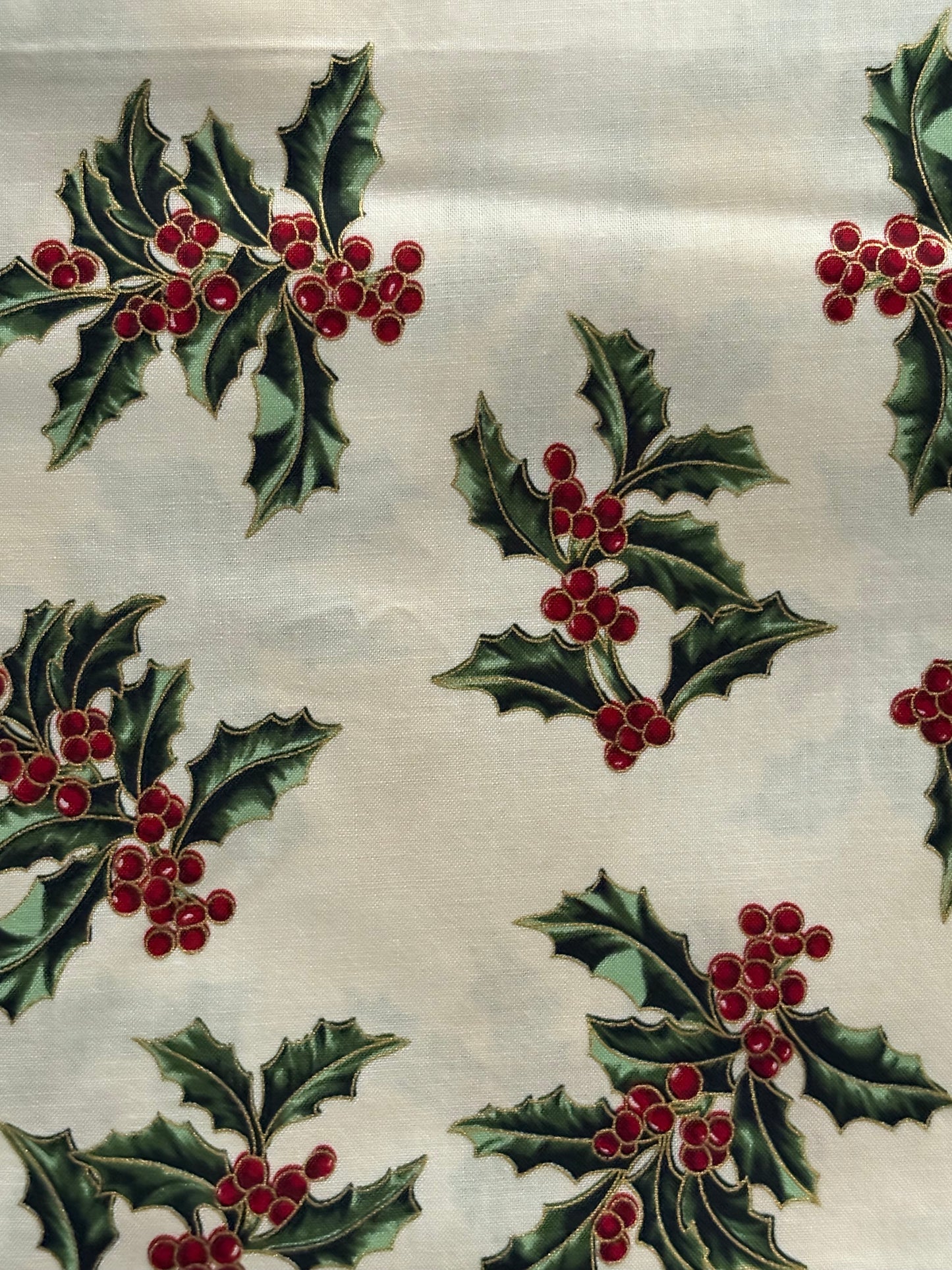 Hoffman Good Tidings Christmas Holly Berries, Metallic Gold, Designer Cotton, Quilting Fabric, Sold by YARD