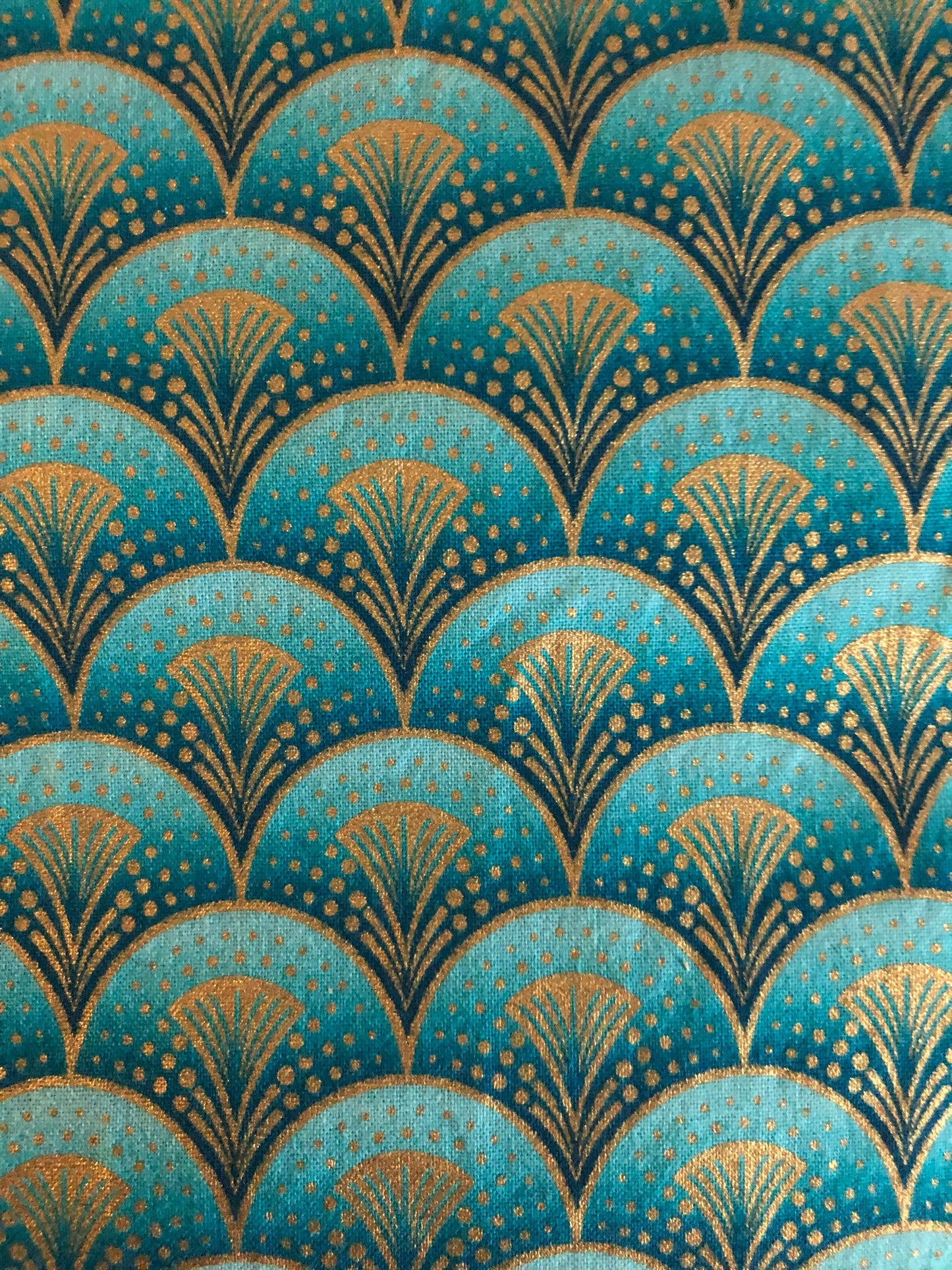 Bernartex “Rhapsody In Blue” Turquoise and Gold Metallic Fans by Maria Kalinowski for Kanvas, Designer Cotton, Quilting Fabric, Sold by YARD