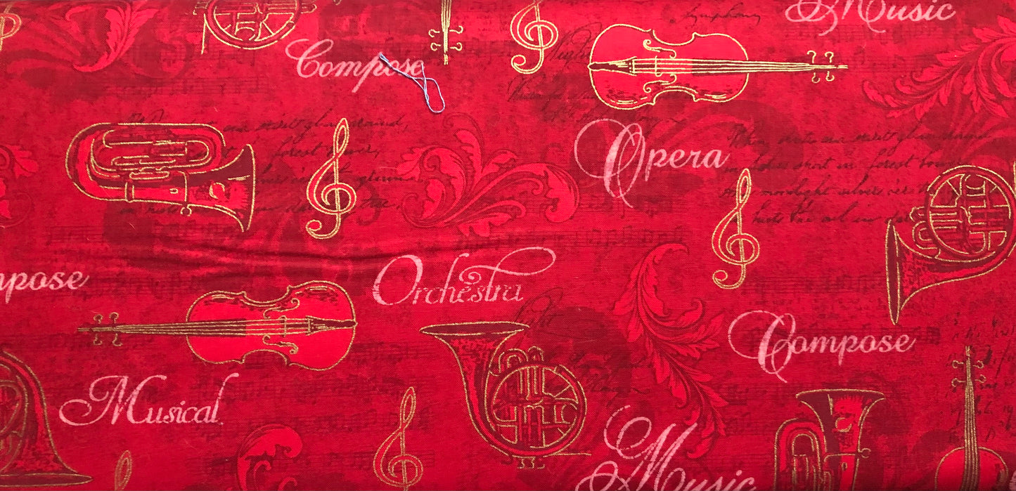 Robert Kaufman Fabric Opera, Music, Tuba, and Violin Enhanced with Gold Metallic on Red, Designer Cotton, Quilting Fabric, Sold By YARD