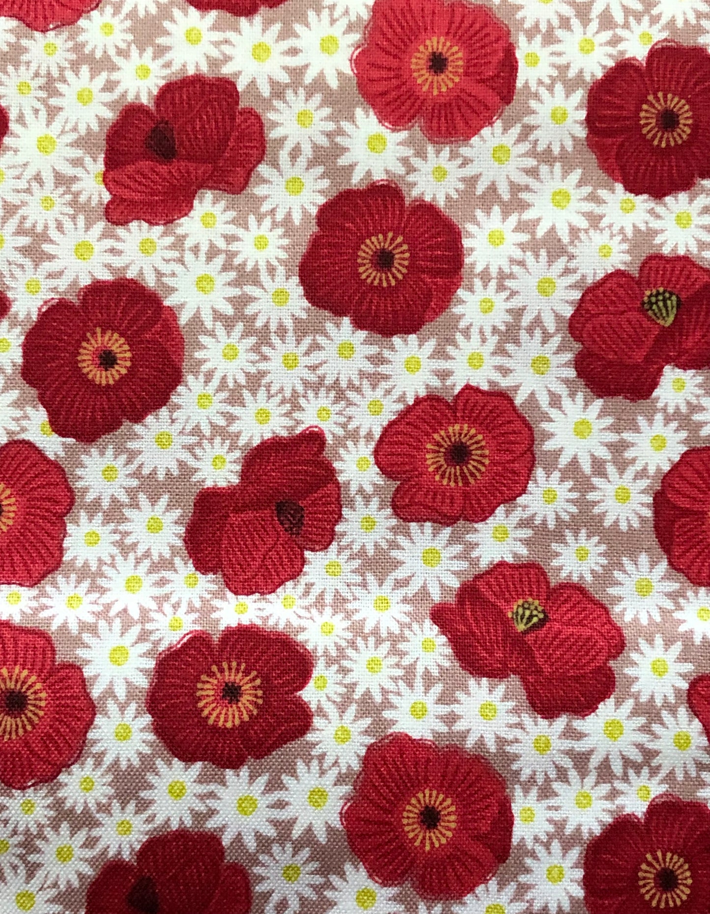 Lewis & Irene "Grandma's Garden" Red Poppies and Daisies, Designer Cotton, Quilting Fabric, Sold by YARD