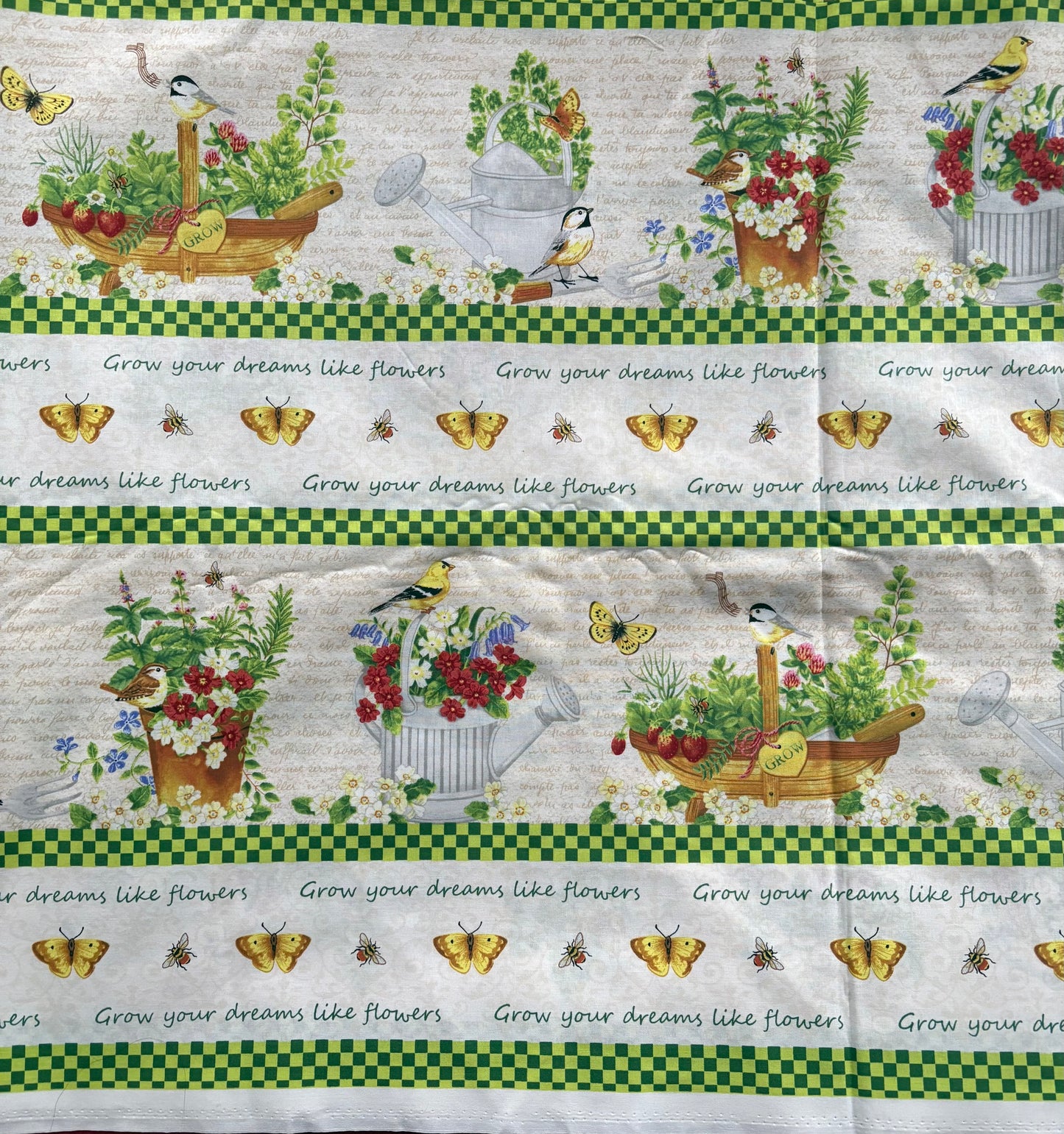 Wilmington Print from the Garden Jane Maday, Birds, Watering Cans, and Flowers, Border Stripe Quilt, 100% Cotton Fabric, Sold By Yard