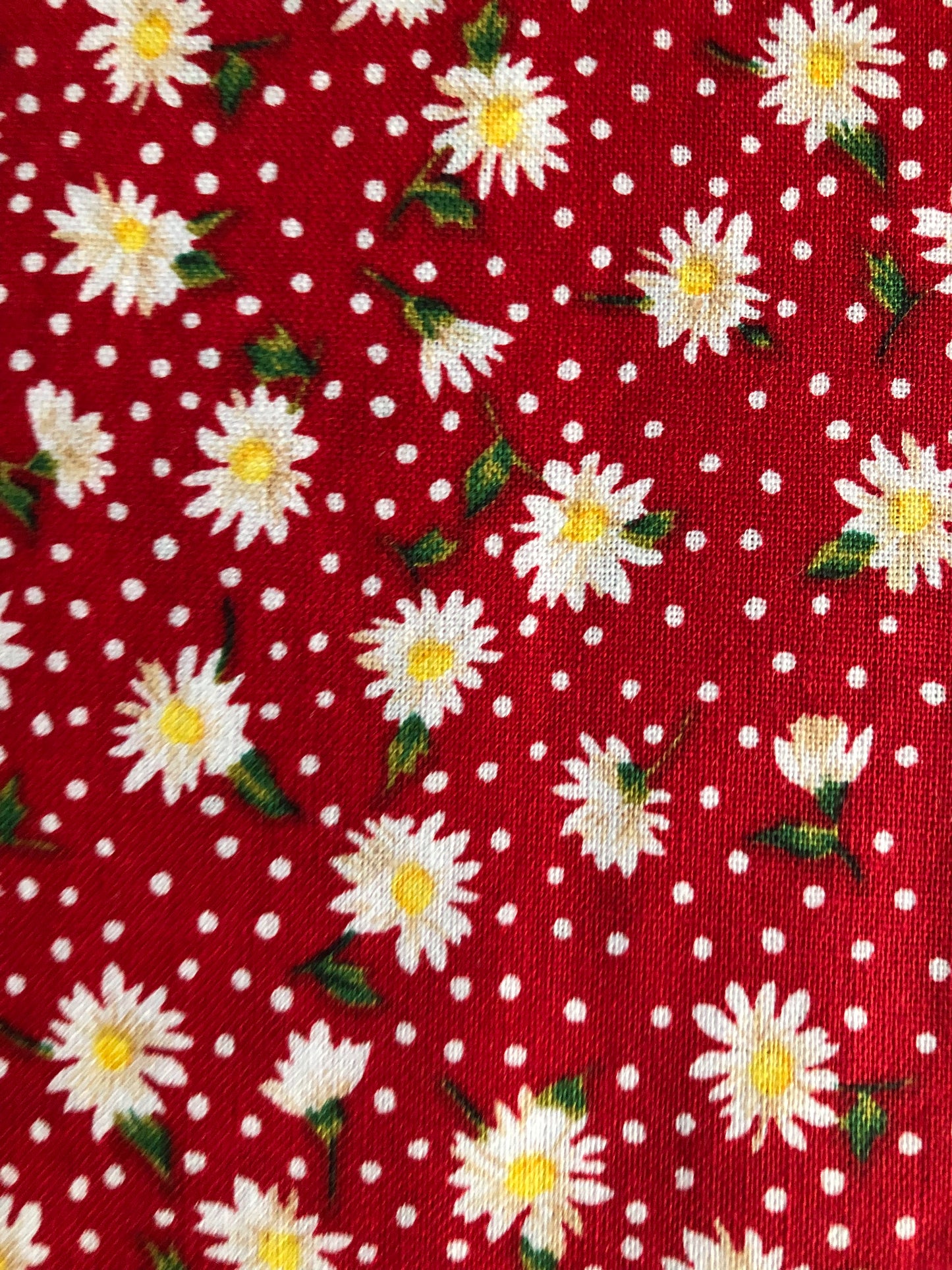 Dorothy's Daisies on Red with White Polka Dots Floral Fabric, Designer Cotton, Quilting, Sold by YARD