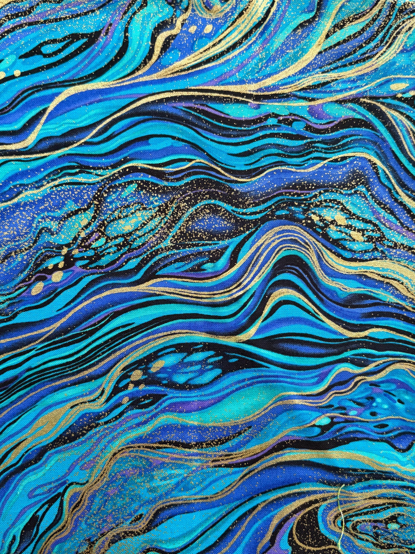 Timeless Treasures Palazzo Metallic Gold Peacock Blue Abstract Marble by Chong-a Hwang, 100% Cotton Fabric, Sold by Yard