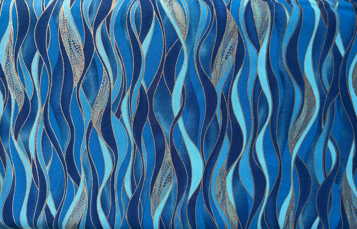 Benartex, Kanvas Studio Dance of the Dragonfly Metallic Gold Blue Waves, Designer Cotton, Quilting Fabric, Sold by YARD