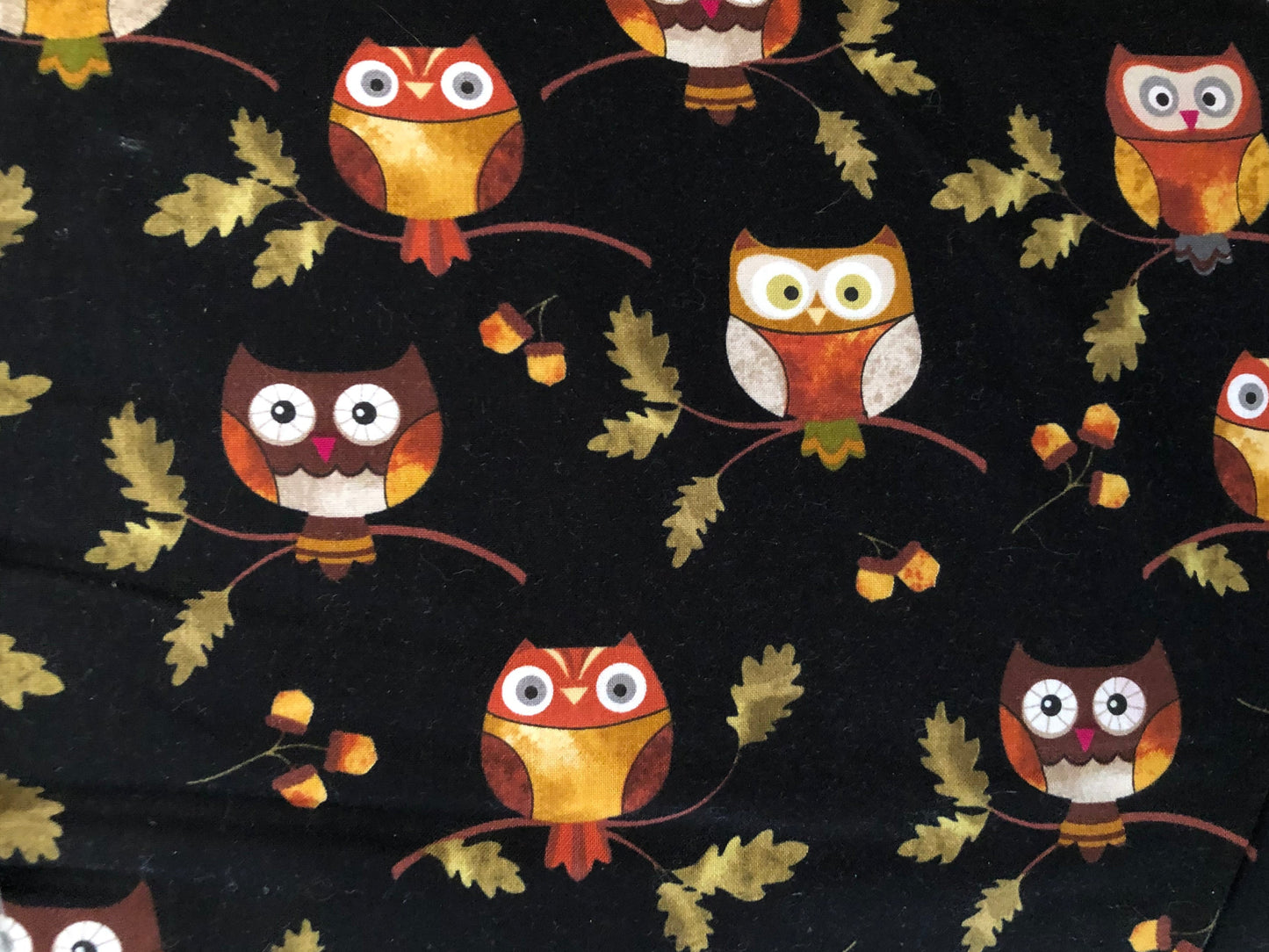 Bernartex Autumn Owls on Black Marie Kalinowski, Designer Cotton, Quilting Fabric, Sold by YARD