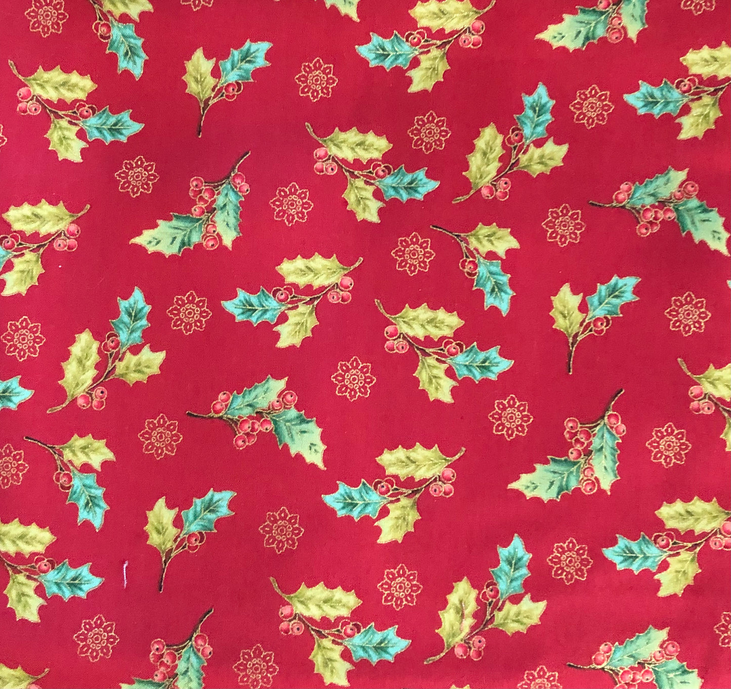 Henry Glass Winter Garden Color Principle Red Holly Berries on Red Metallic Gold, Designer Cotton, Quilting Fabric, Sold by YARD