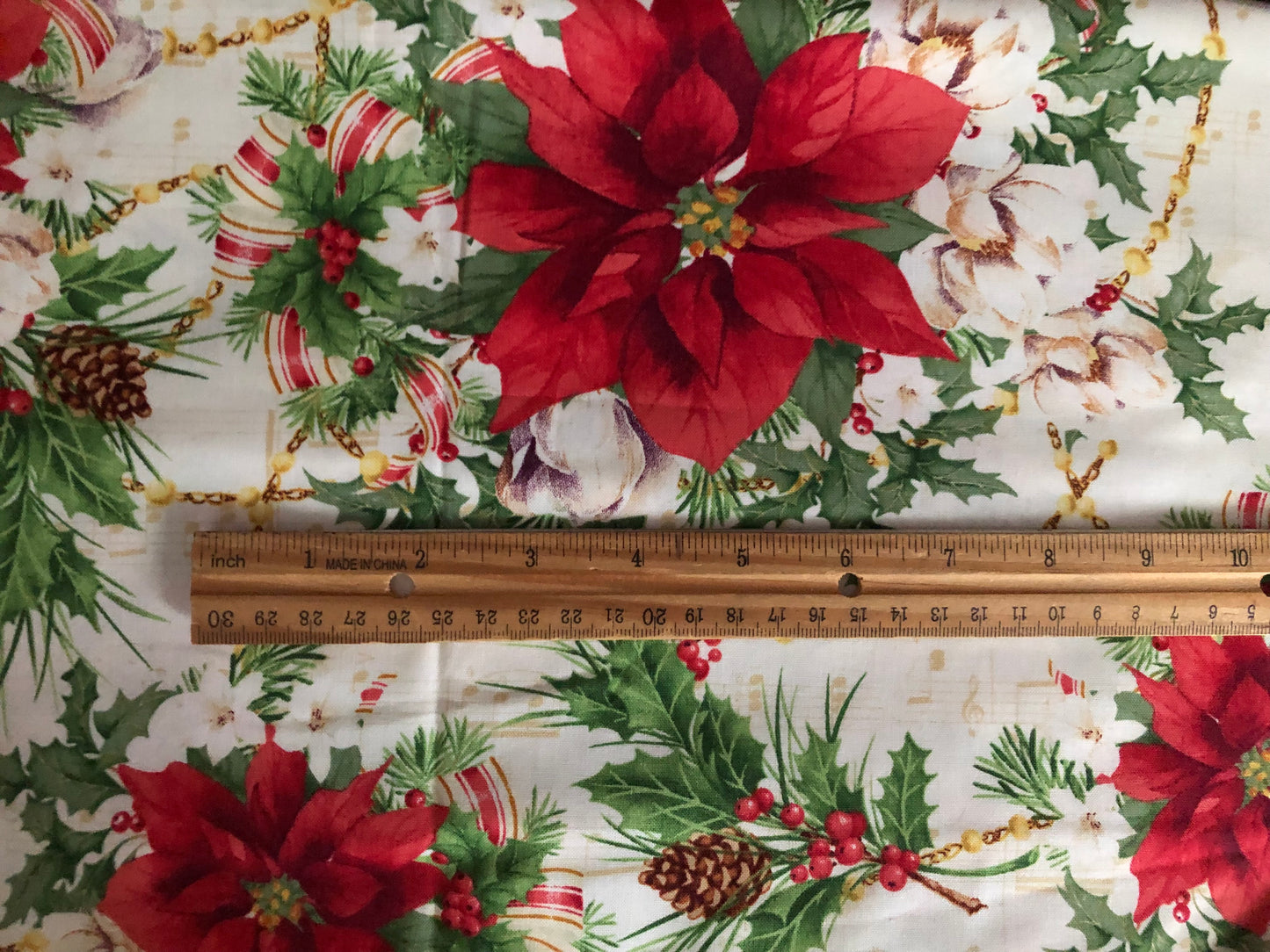 Henry Glass Christmas Legend Red Poinsettia on Cream by Bruce Park, Designer Cotton, Quilting Fabric, Sold by YARD