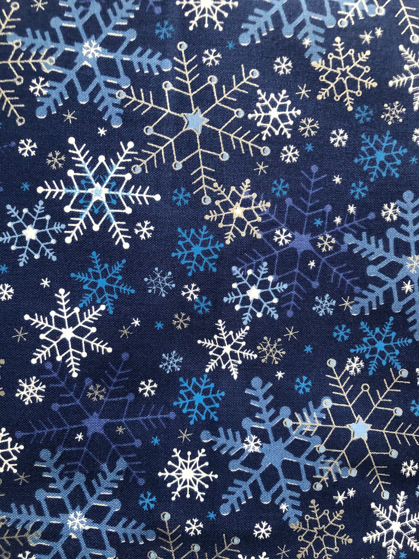 Fabri Quilt Seasons Greetings Winter Snowflakes Blue, Metallic Silver, Designer Cotton, Quilting Fabric, Sold by YARD