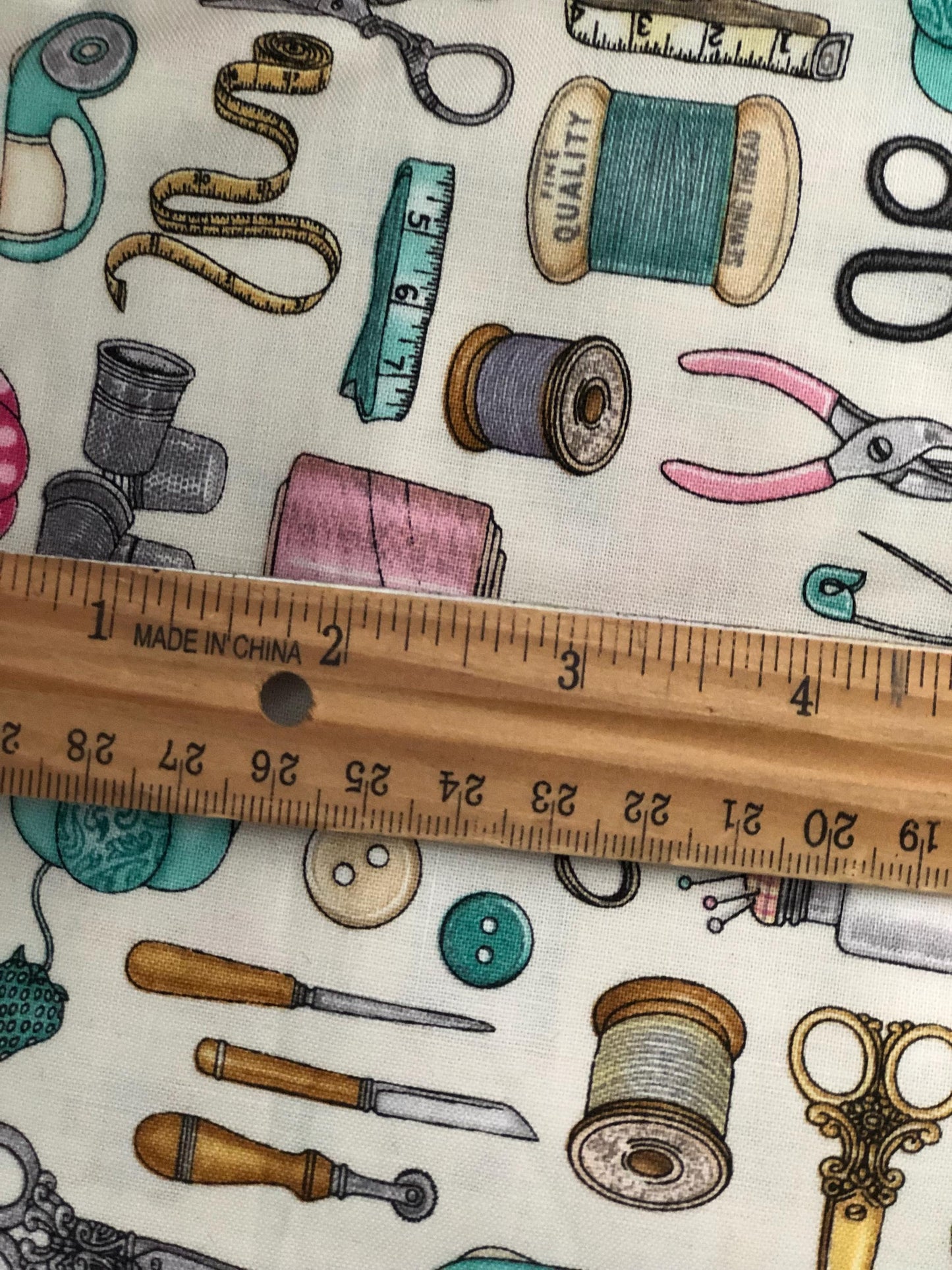 35 inches of Fabric,Timeless Treasure's Sewing Notions on Cream by Dan Morris Fabric, Designer Cotton, Quilting Fabric