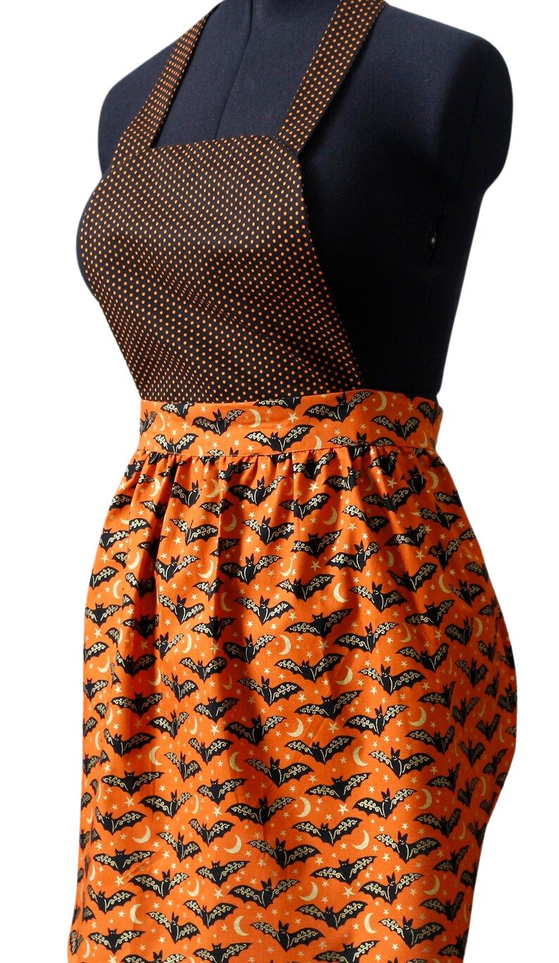Halloween Apron for Women With Bats and Orange Polka Dots