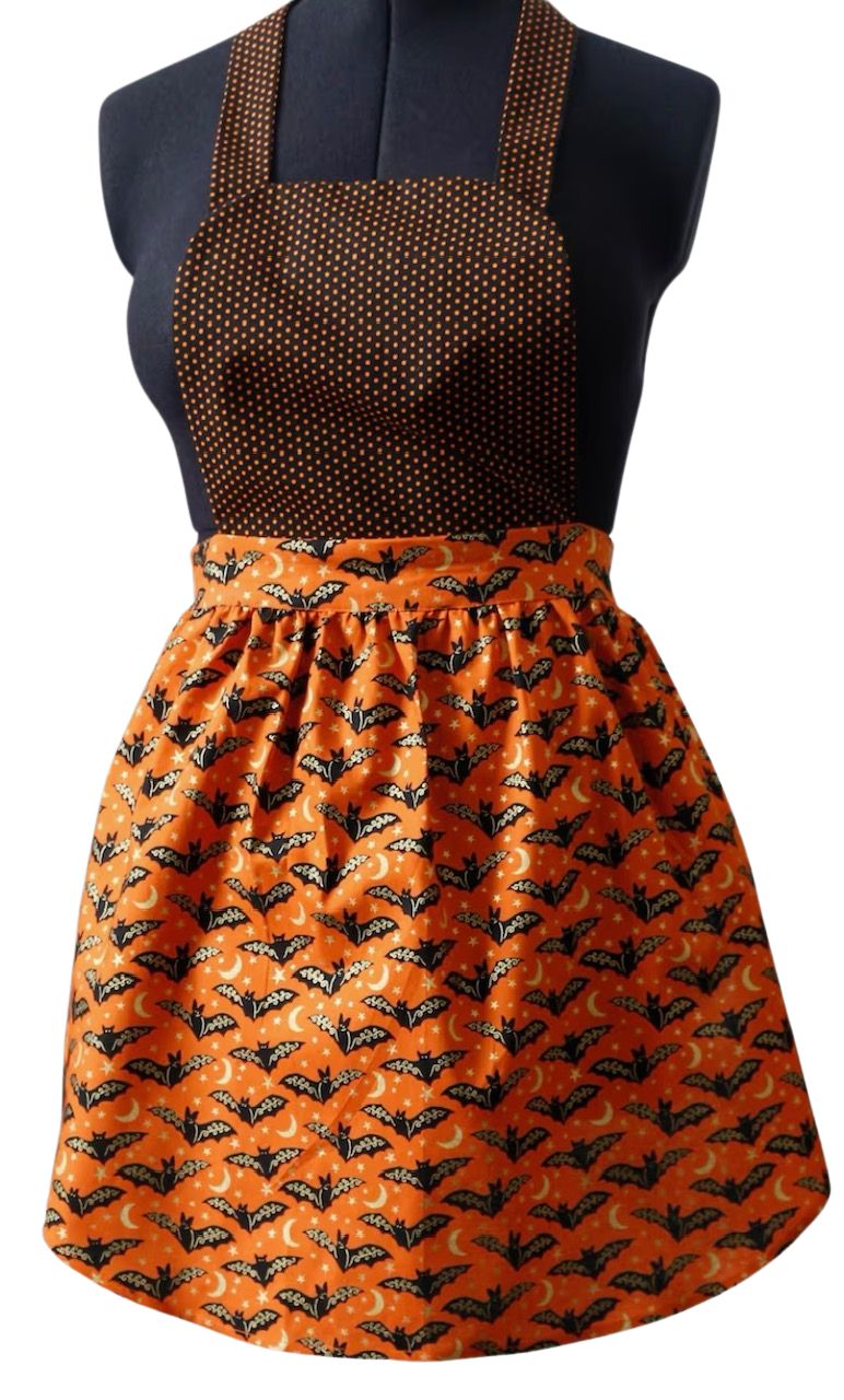 Halloween Apron for Women With Bats and Orange Polka Dots