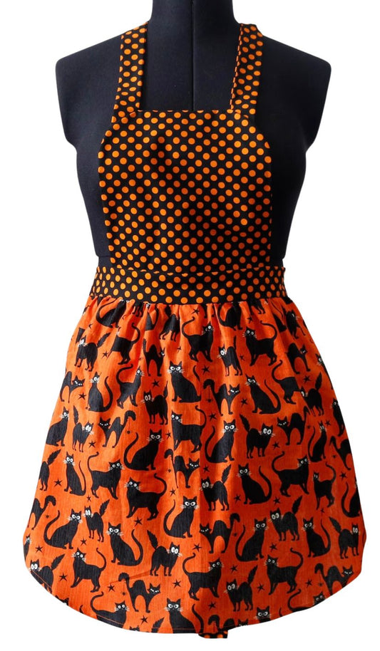 Halloween Apron for Women with Black Cats and Polka Dots