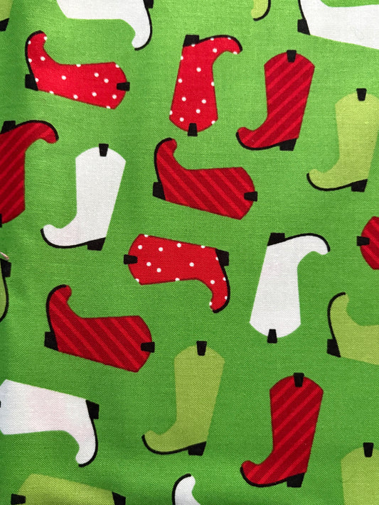 2 YARDS Robert Kaufman Jingle Christmas Cowboy Boots by Ann Kelle, Designer Cotton, Quilting Fabric