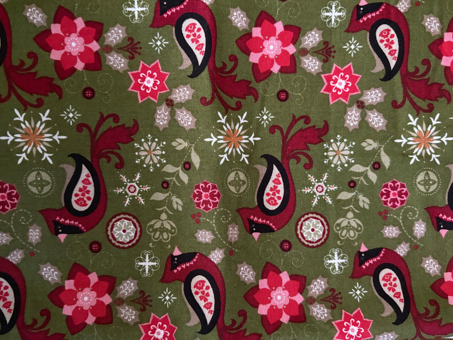 JoAnn Christmas Folk Art Birds and Snowflakes, Designer Cotton, Quilting Fabric, Sold by YARD