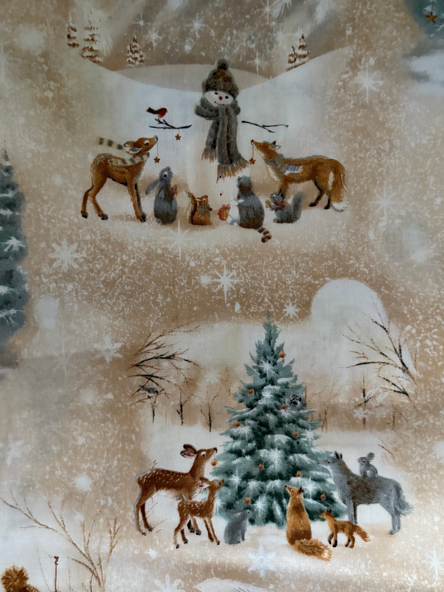 Quilting Treasures Christmas Scene on Beige by Sarah Summers, Designer Cotton, Quilting Fabric, Sold by YARD