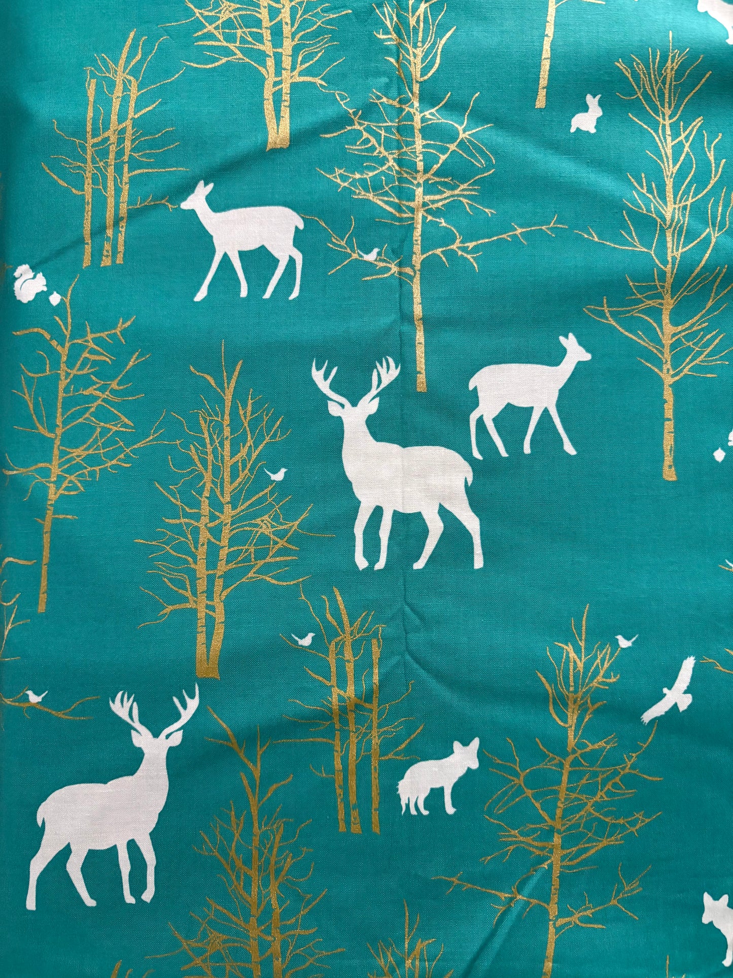 Michael Miller Christmas at Brambleberry Ridge Timber Valley Metallic Turquoise Fabric, Woodland Animals, Designer Cotton, Sold by YARD