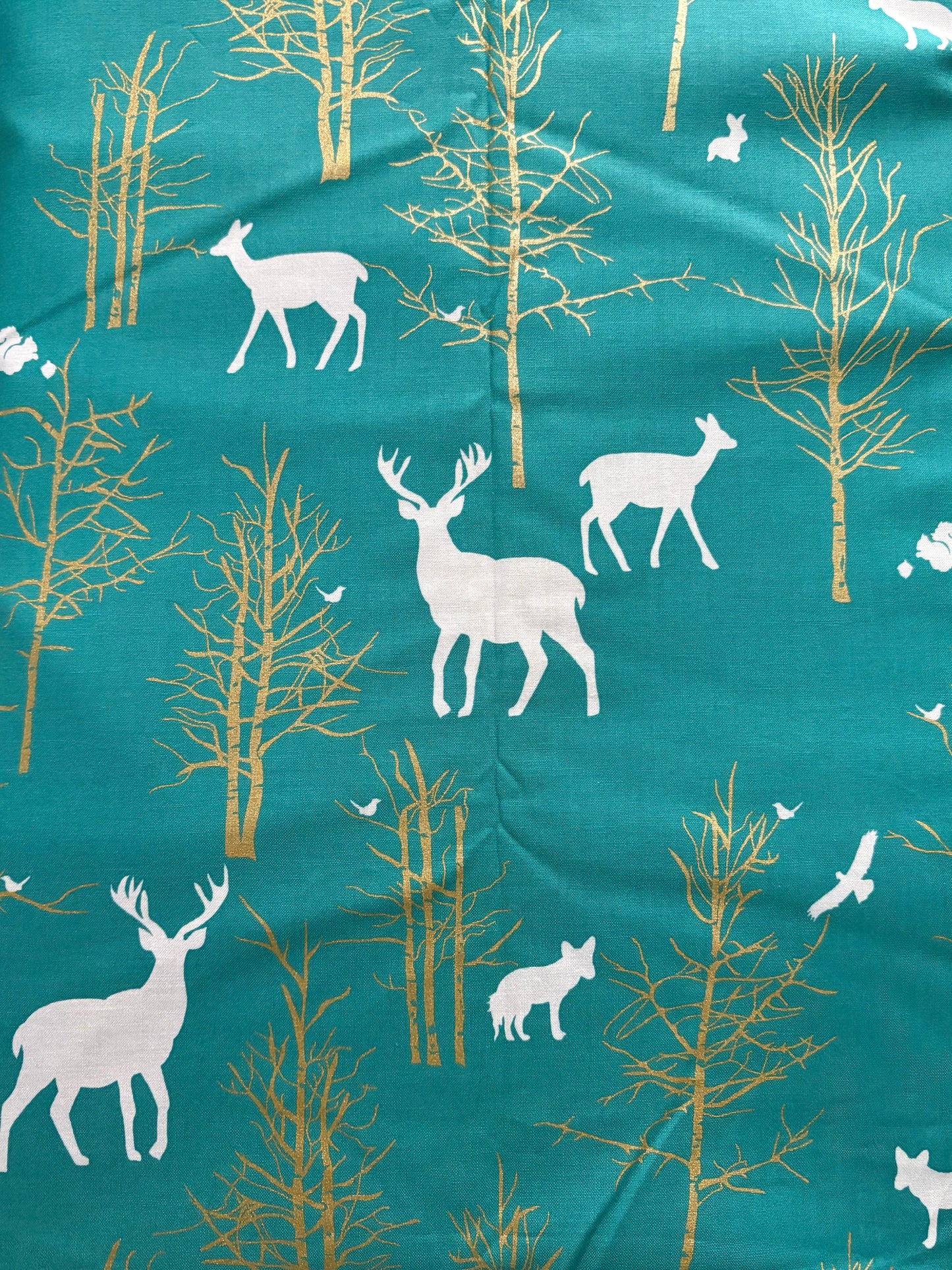 Michael Miller Christmas at Brambleberry Ridge Timber Valley Metallic Turquoise Fabric, Woodland Animals, Designer Cotton, Sold by YARD