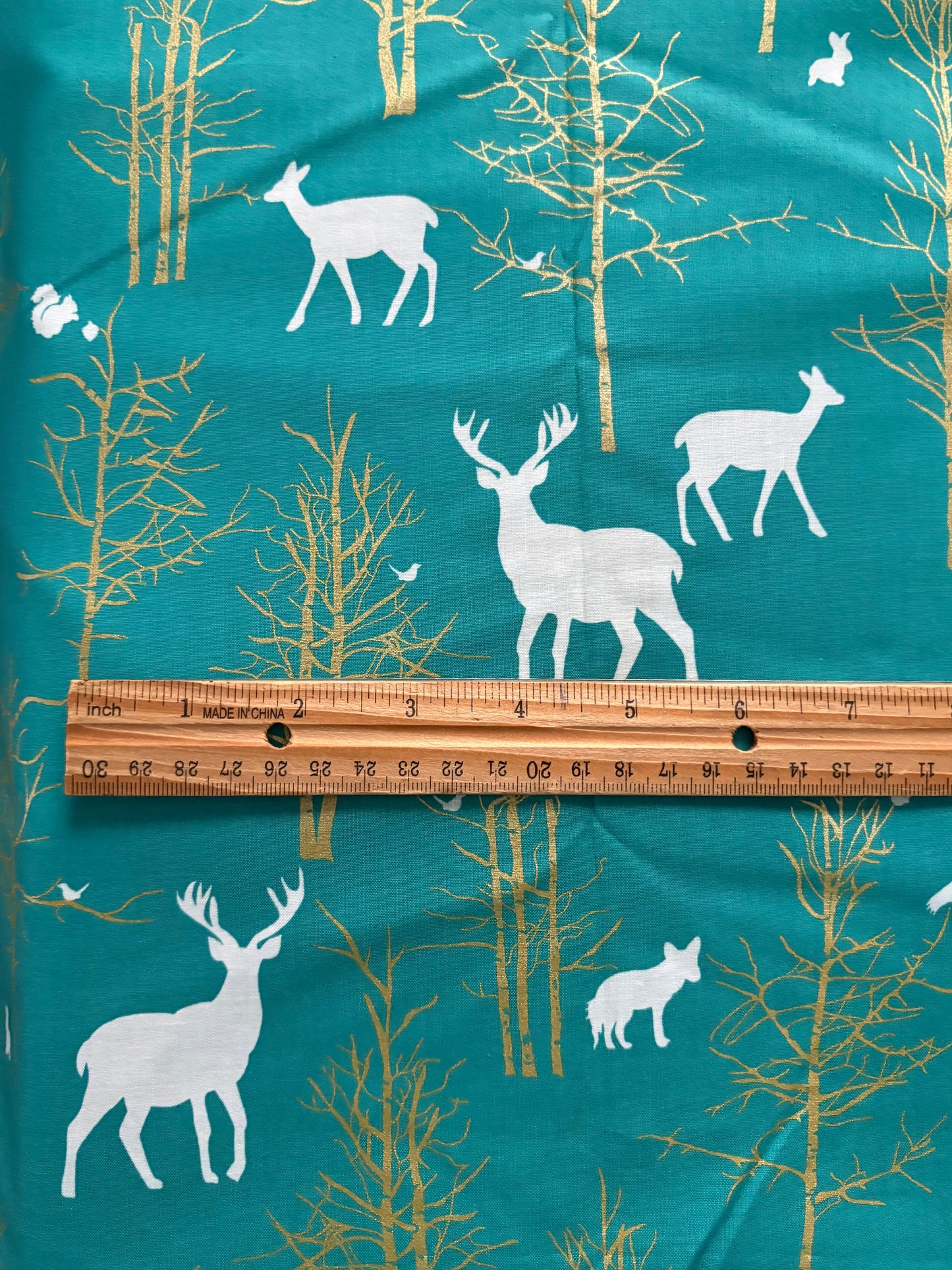 Michael Miller Christmas at Brambleberry Ridge Timber Valley Metallic Turquoise Fabric, Woodland Animals, Designer Cotton, Sold by YARD