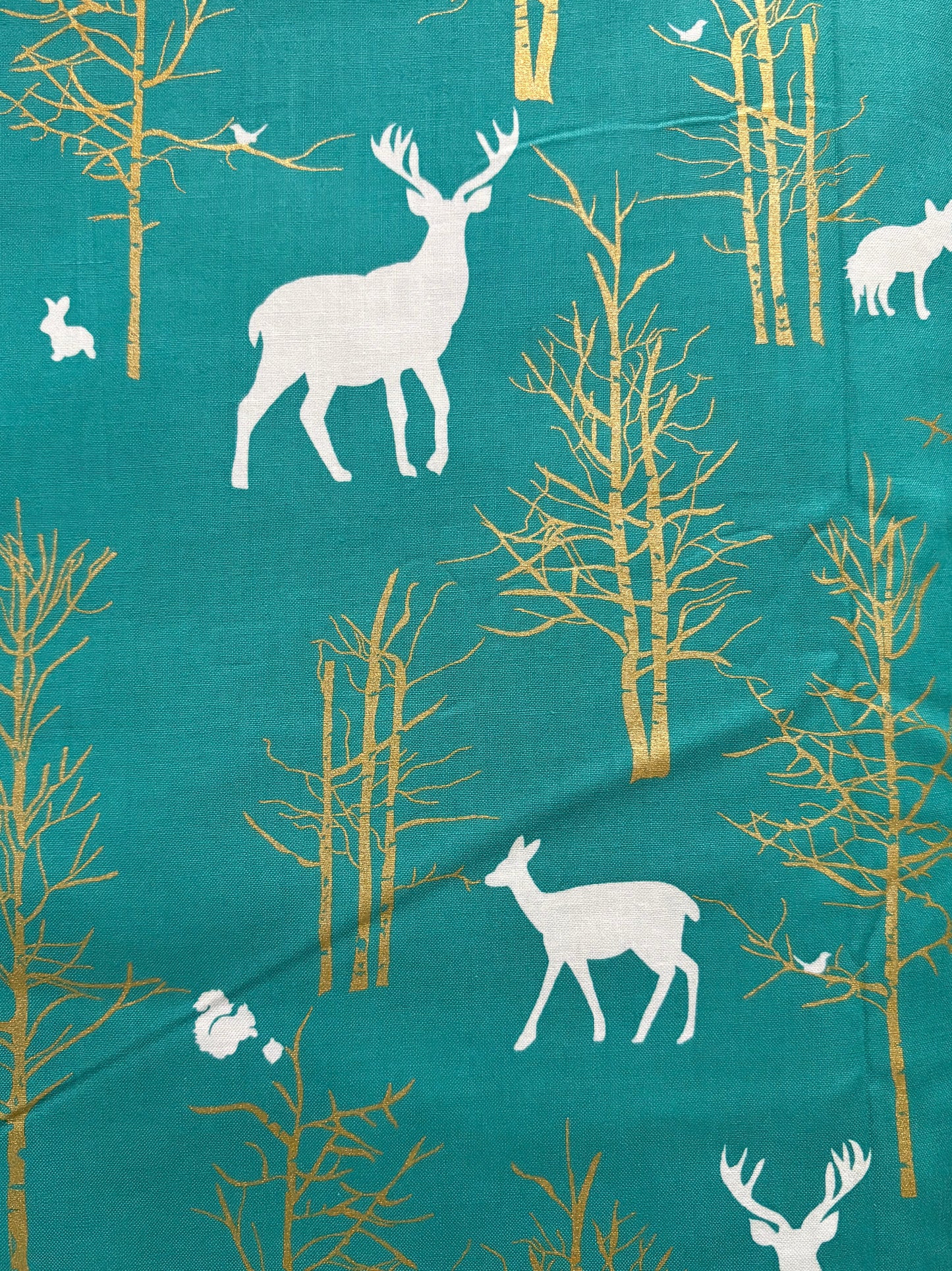 Michael Miller Christmas at Brambleberry Ridge Timber Valley Metallic Turquoise Fabric, Woodland Animals, Designer Cotton, Sold by YARD