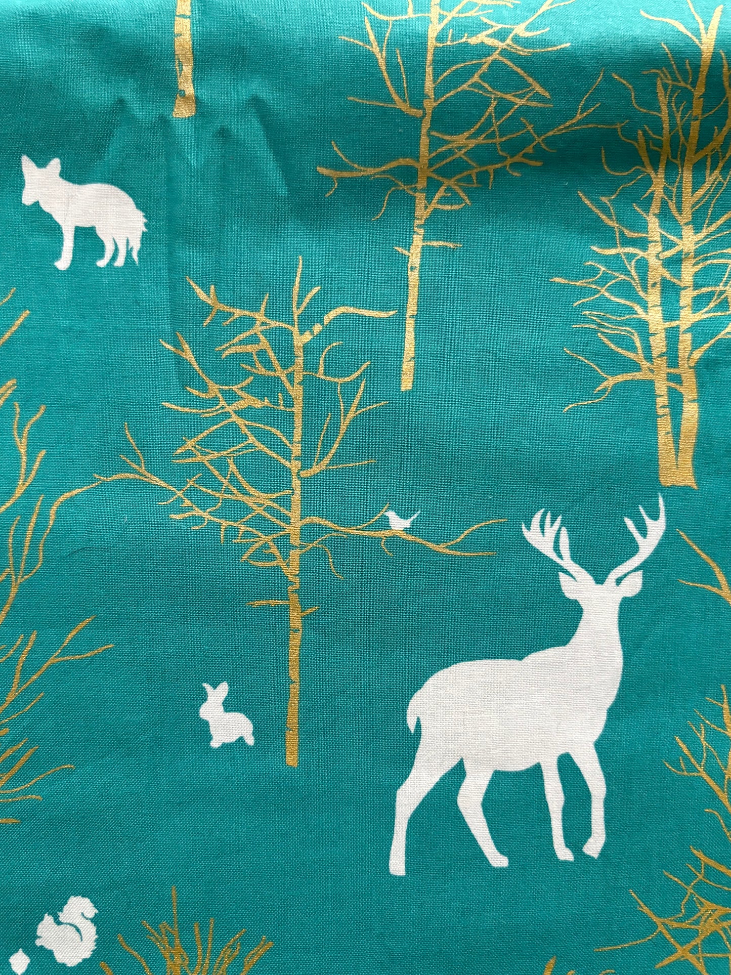 Michael Miller Christmas at Brambleberry Ridge Timber Valley Metallic Turquoise Fabric, Woodland Animals, Designer Cotton, Sold by YARD