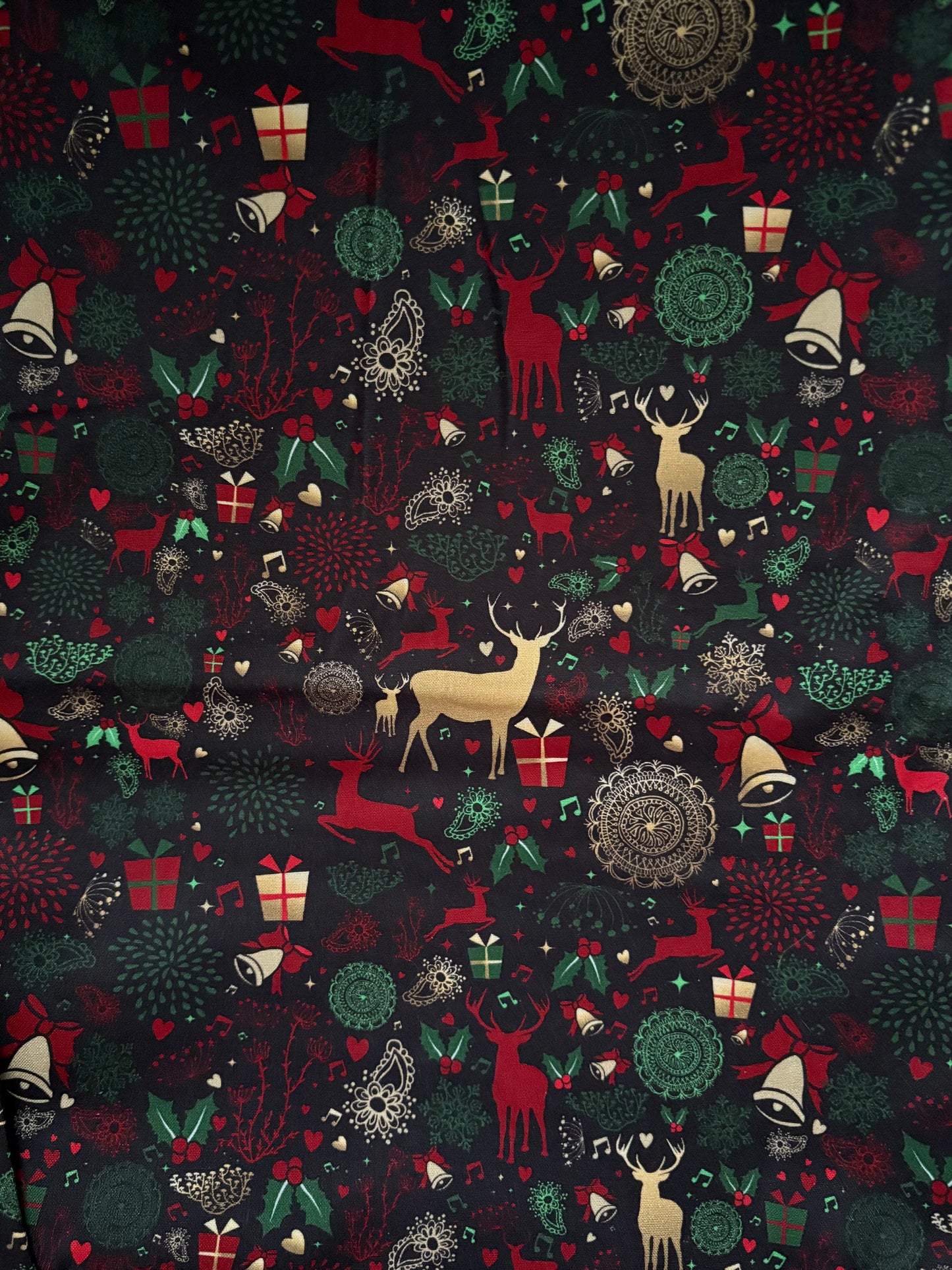 Metallic Gold Deer Christmas on Black, Designer Cotton, Quilting Fabric, Sold by YARD