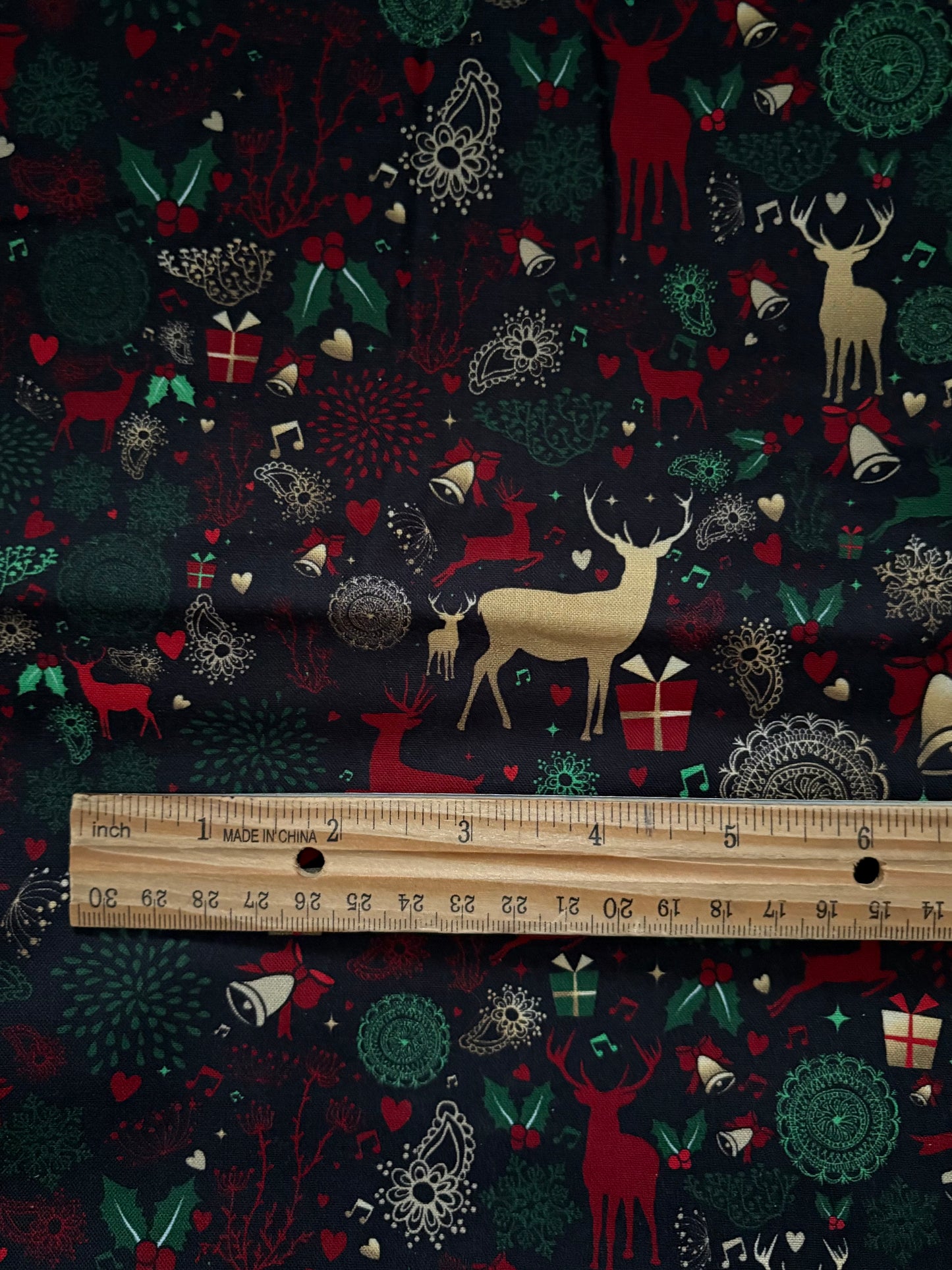 Metallic Gold Deer Christmas on Black, Designer Cotton, Quilting Fabric, Sold by YARD