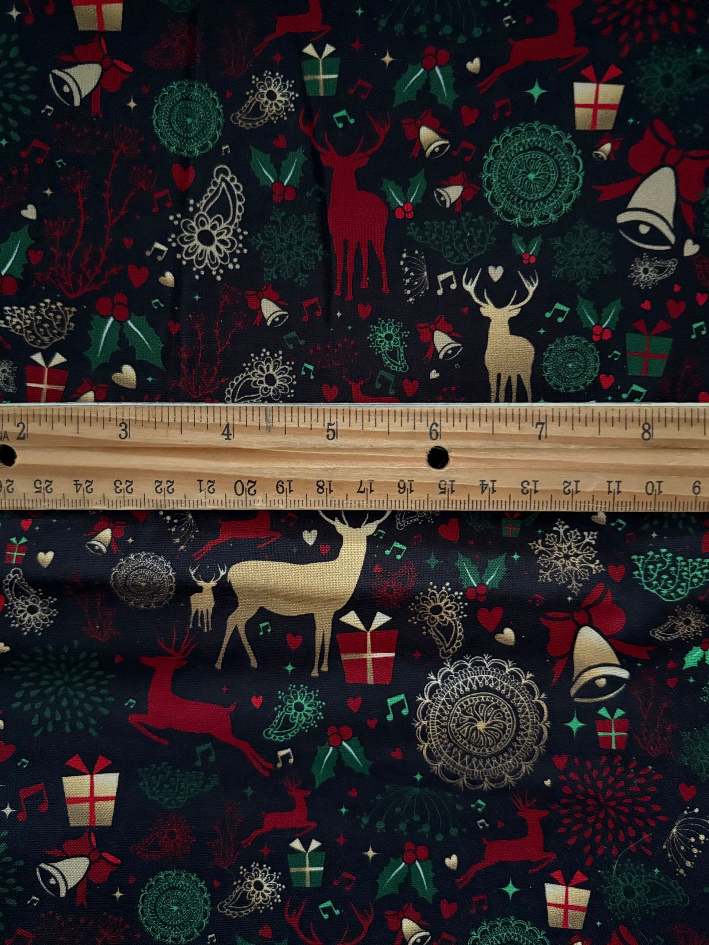 Metallic Gold Deer Christmas on Black, Designer Cotton, Quilting Fabric, Sold by YARD