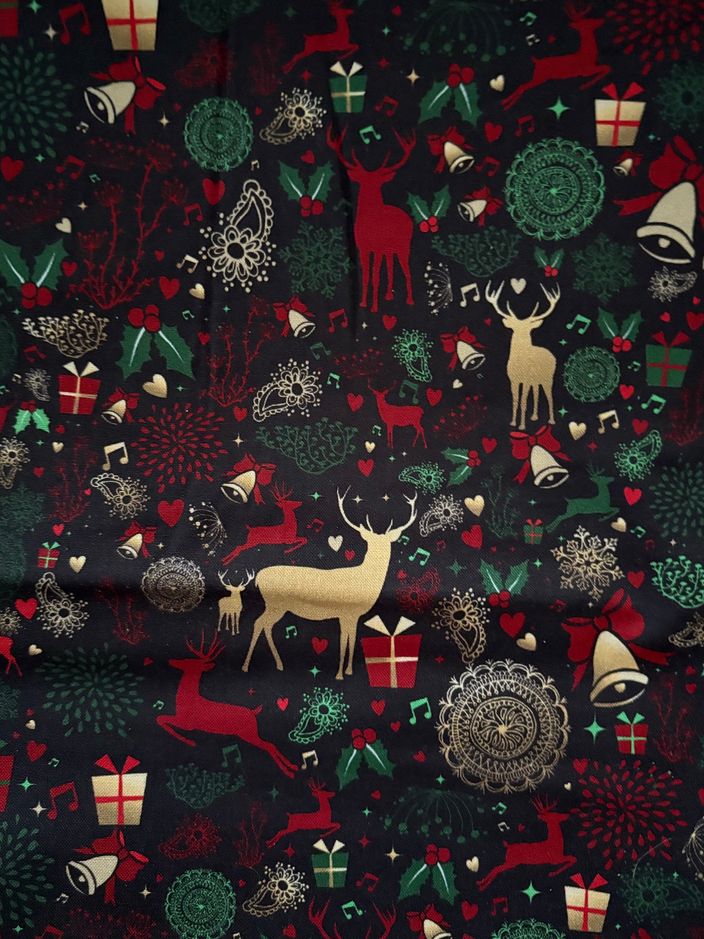 Metallic Gold Deer Christmas on Black, Designer Cotton, Quilting Fabric, Sold by YARD