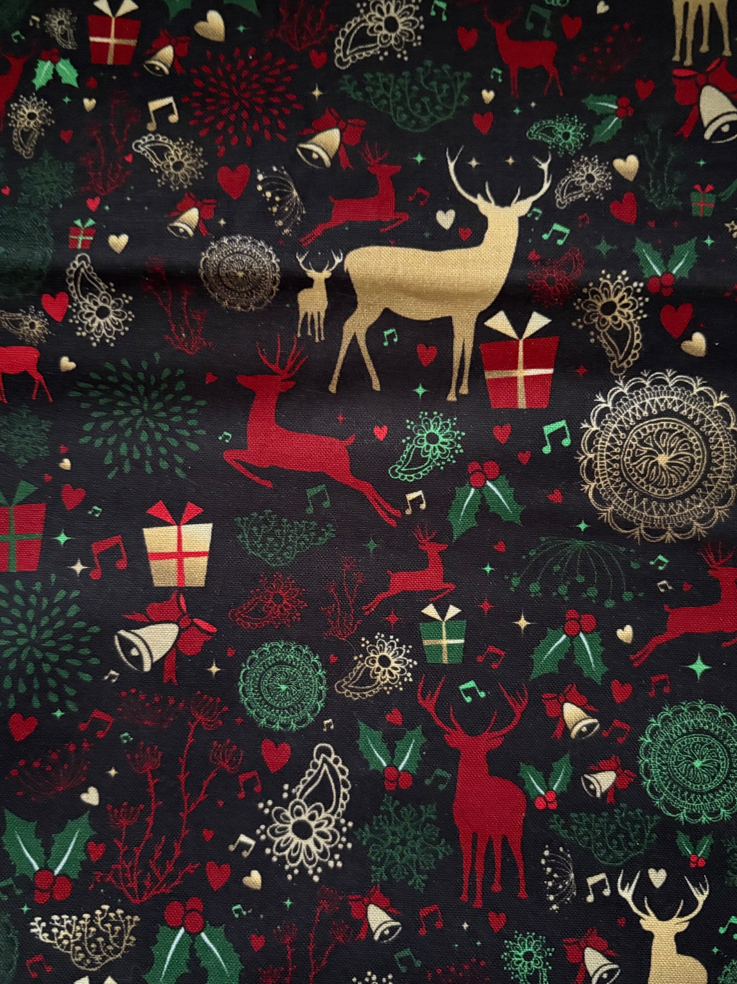 Metallic Gold Deer Christmas on Black, Designer Cotton, Quilting Fabric, Sold by YARD
