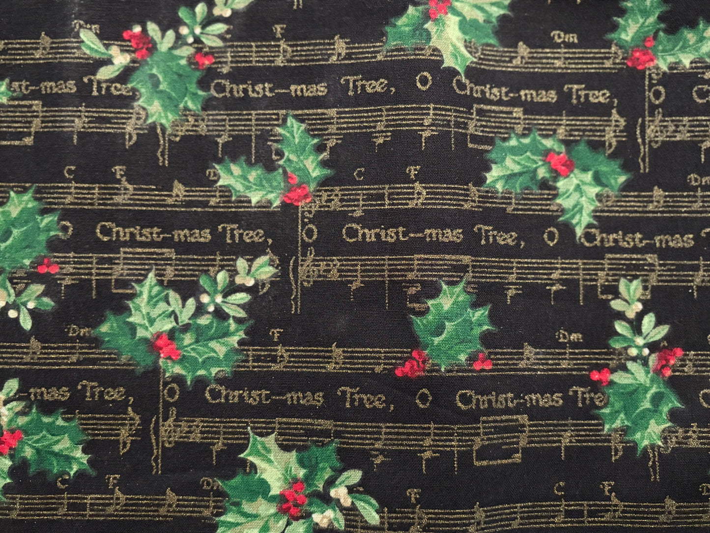 2 YARDS JoAnn Christmas Holly and Sheet Music Metallic Gold , Designer Cotton, Quilting Fabric