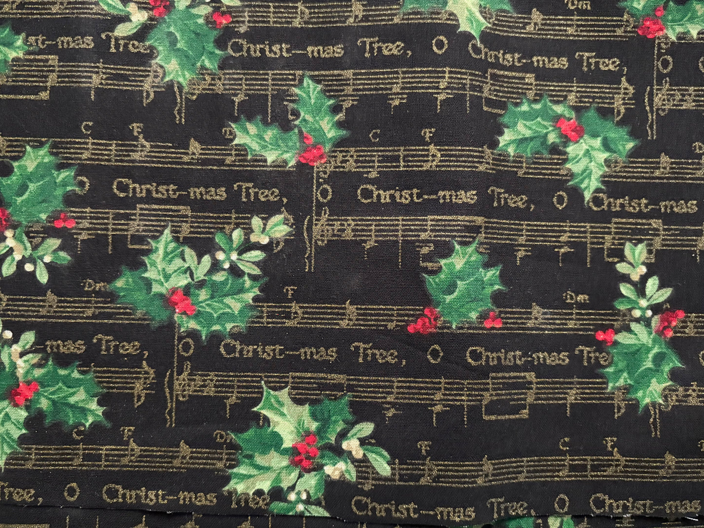 2 YARDS JoAnn Christmas Holly and Sheet Music Metallic Gold , Designer Cotton, Quilting Fabric