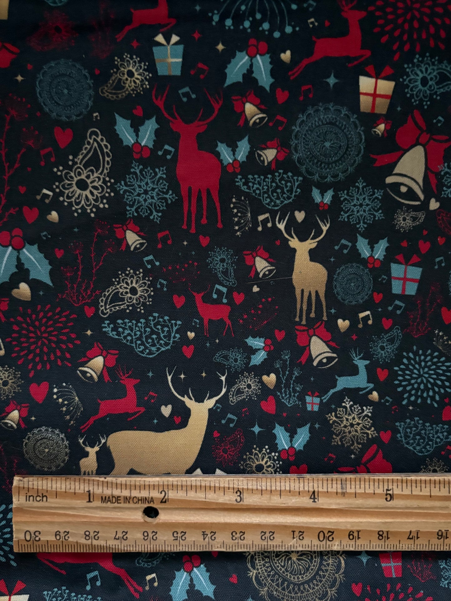 Metallic Gold Deer Christmas on Blue, Designer Cotton, Quilting Fabric, Sold by YARD