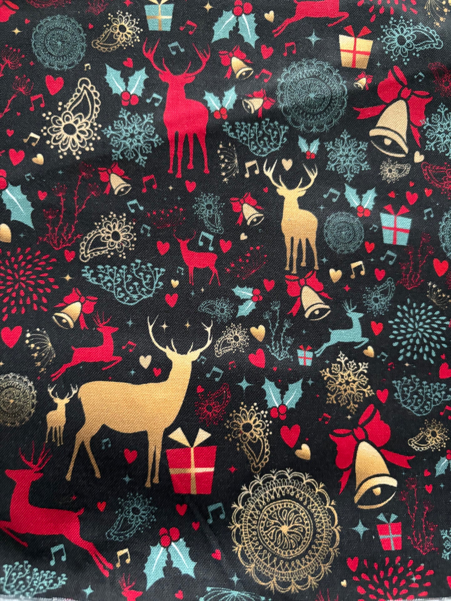 Metallic Gold Deer Christmas on Blue, Designer Cotton, Quilting Fabric, Sold by YARD