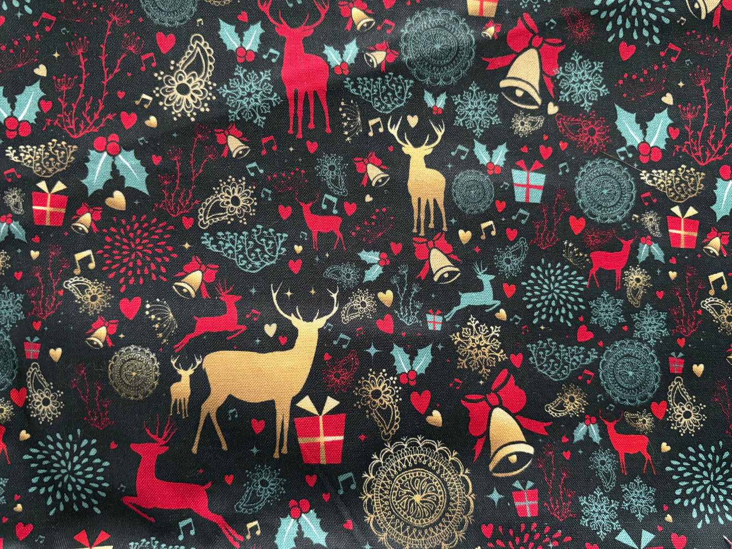 Metallic Gold Deer Christmas on Blue, Designer Cotton, Quilting Fabric, Sold by YARD
