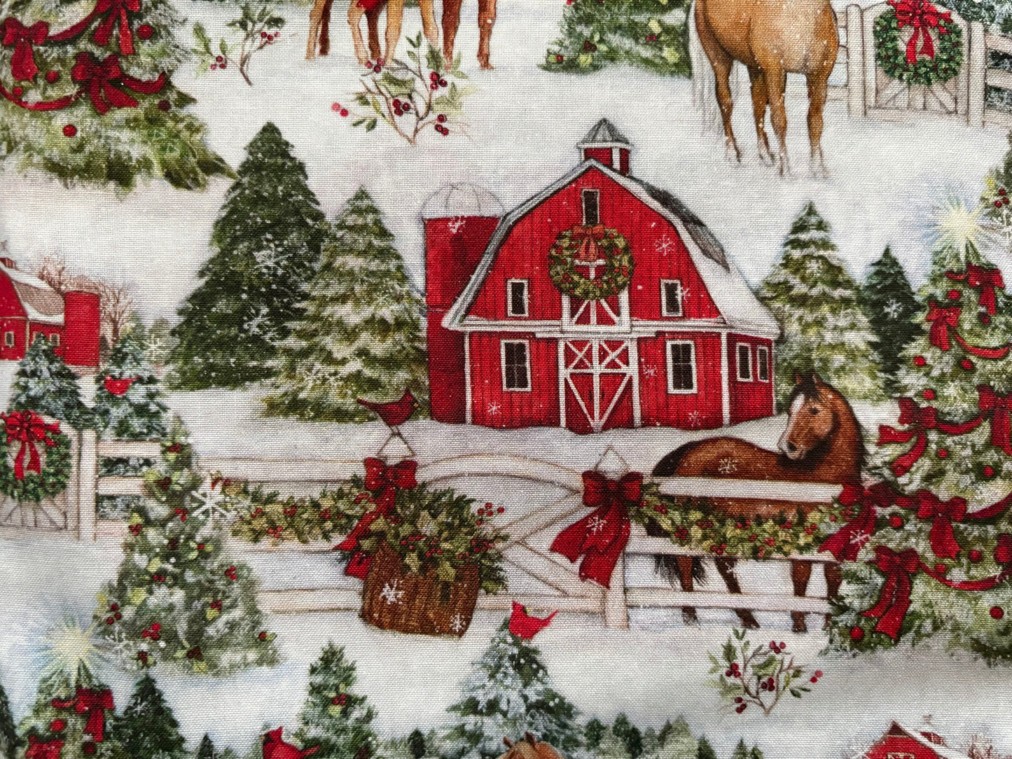 Susan Winget Christmas Winter Barn and Horses, Designer Cotton, Quilting Fabric, Sold by YARD