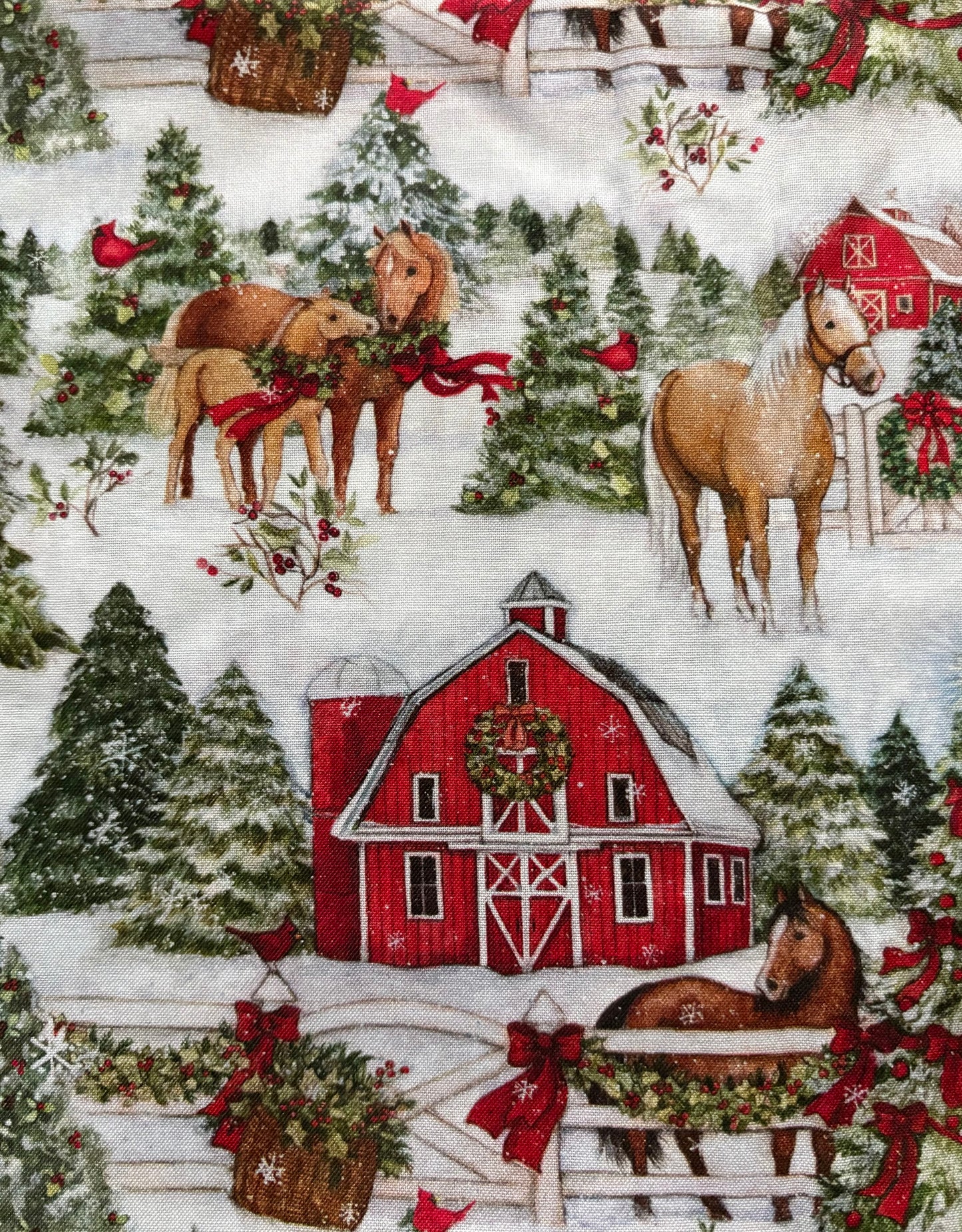 Susan Winget Christmas Winter Barn and Horses, Designer Cotton, Quilting Fabric, Sold by YARD