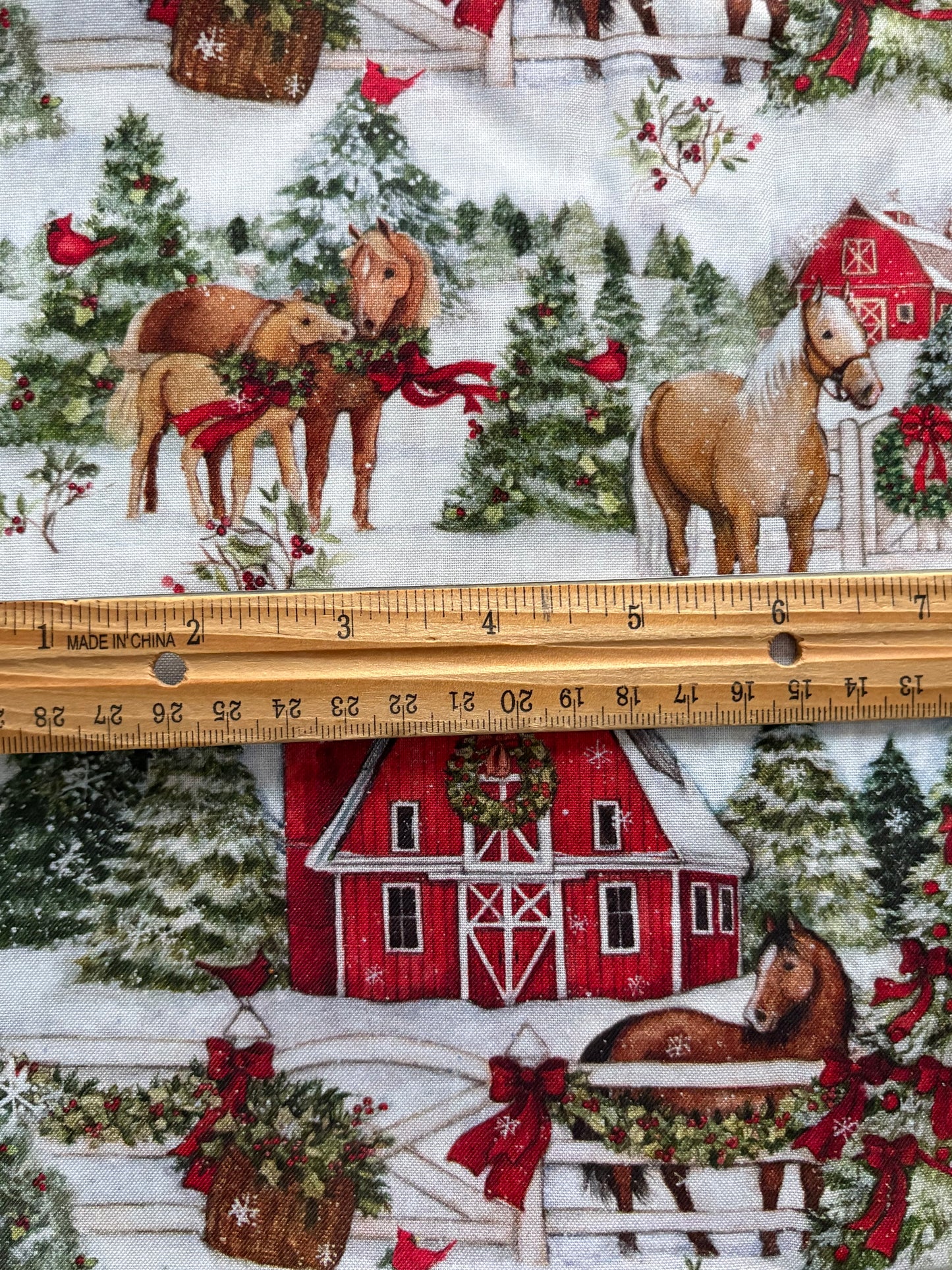 Susan Winget Christmas Winter Barn and Horses, Designer Cotton, Quilting Fabric, Sold by YARD