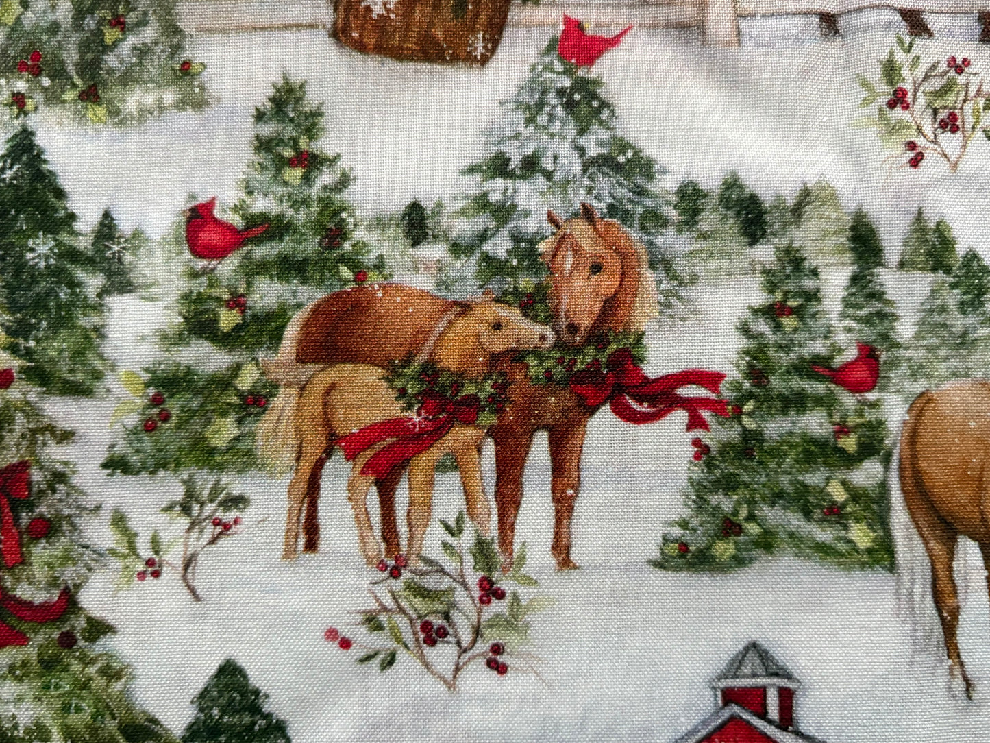 Susan Winget Christmas Winter Barn and Horses, Designer Cotton, Quilting Fabric, Sold by YARD