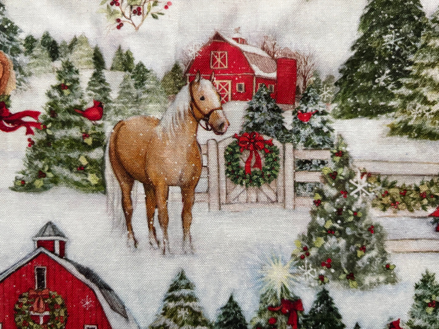 Susan Winget Christmas Winter Barn and Horses, Designer Cotton, Quilting Fabric, Sold by YARD