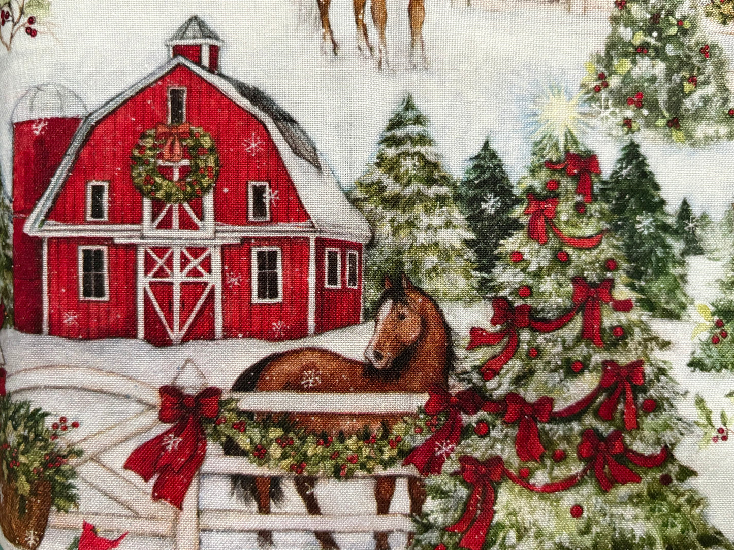 Susan Winget Christmas Winter Barn and Horses, Designer Cotton, Quilting Fabric, Sold by YARD