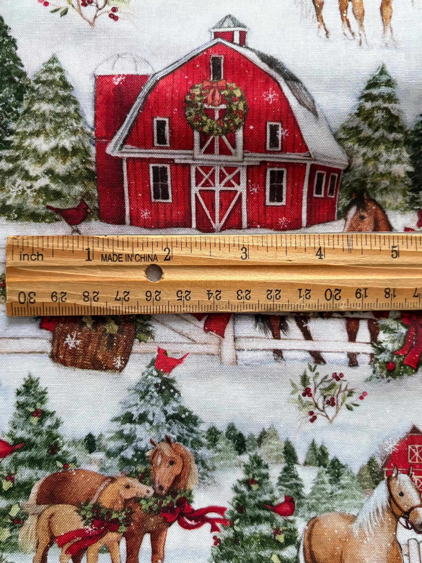 Susan Winget Christmas Winter Barn and Horses, Designer Cotton, Quilting Fabric, Sold by YARD