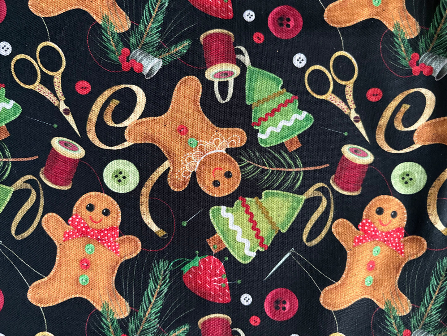 2 YARDS Quilting Treasures Happiness is Homemade Sewing and Christmas Gingerbread Men