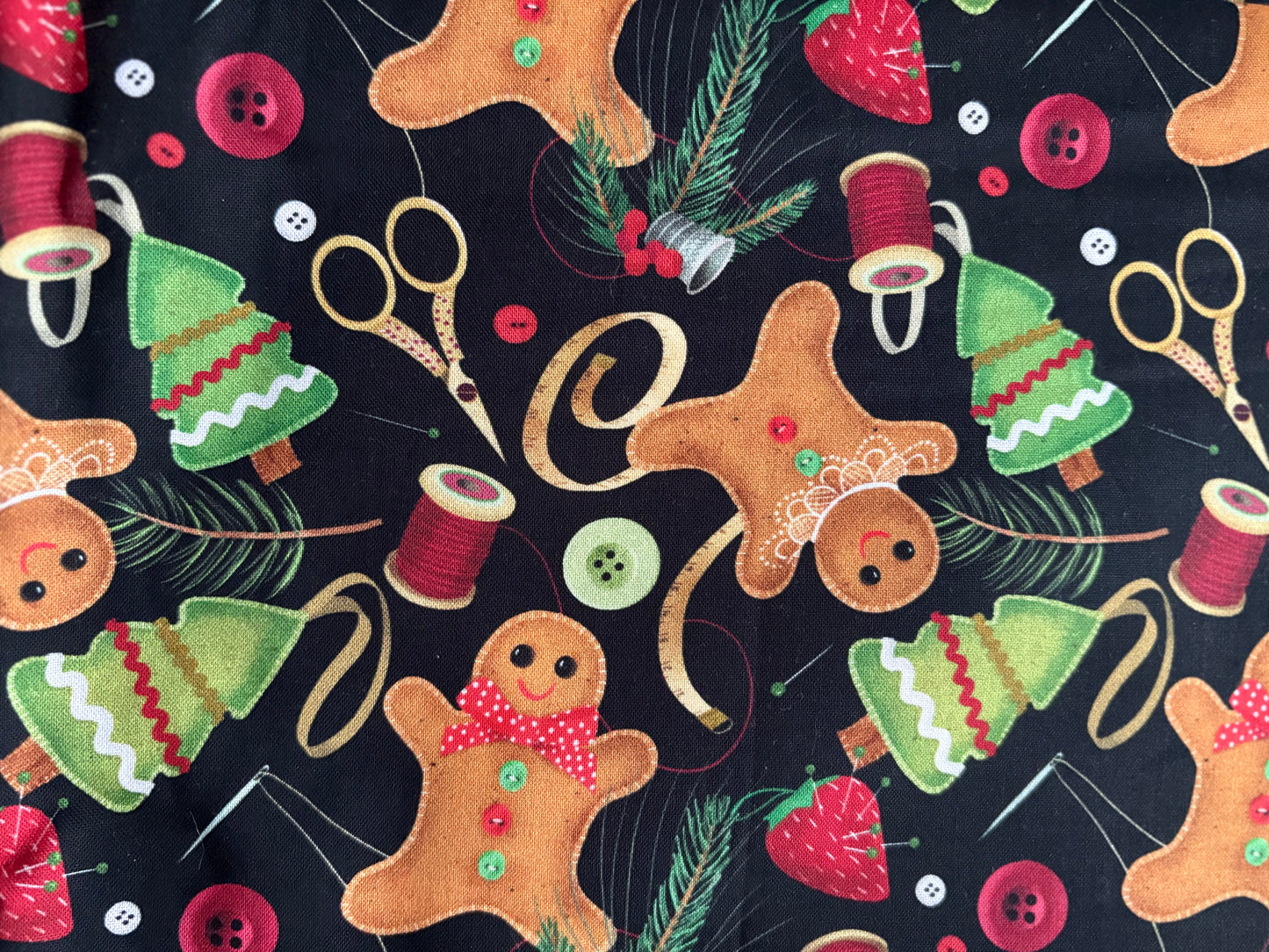 2 YARDS Quilting Treasures Happiness is Homemade Sewing and Christmas Gingerbread Men