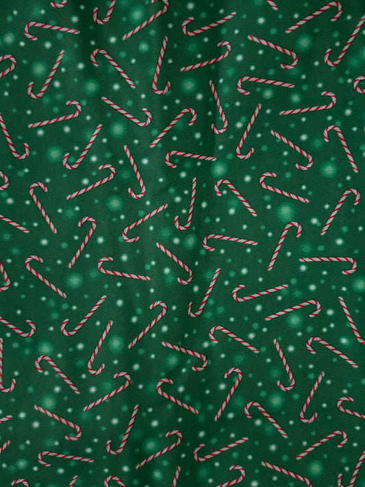 QT Fabrics Candy Canes on Green by Liza Bea, Designer Cotton, Quilting Fabric, Sold by YARD