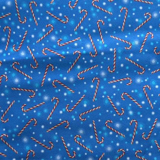 QT Fabrics Candy Canes on Blue by Liza Bea, Designer Cotton, Quilting Fabric, Sold by YARD