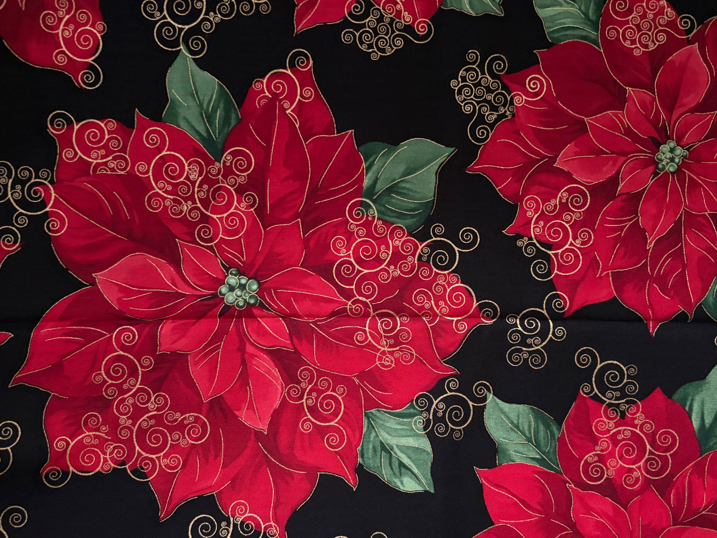 Timeless Treasures Holiday Poinsettias Metallic Gold, Designer Cotton, Quilting Fabric, Sold by YARD